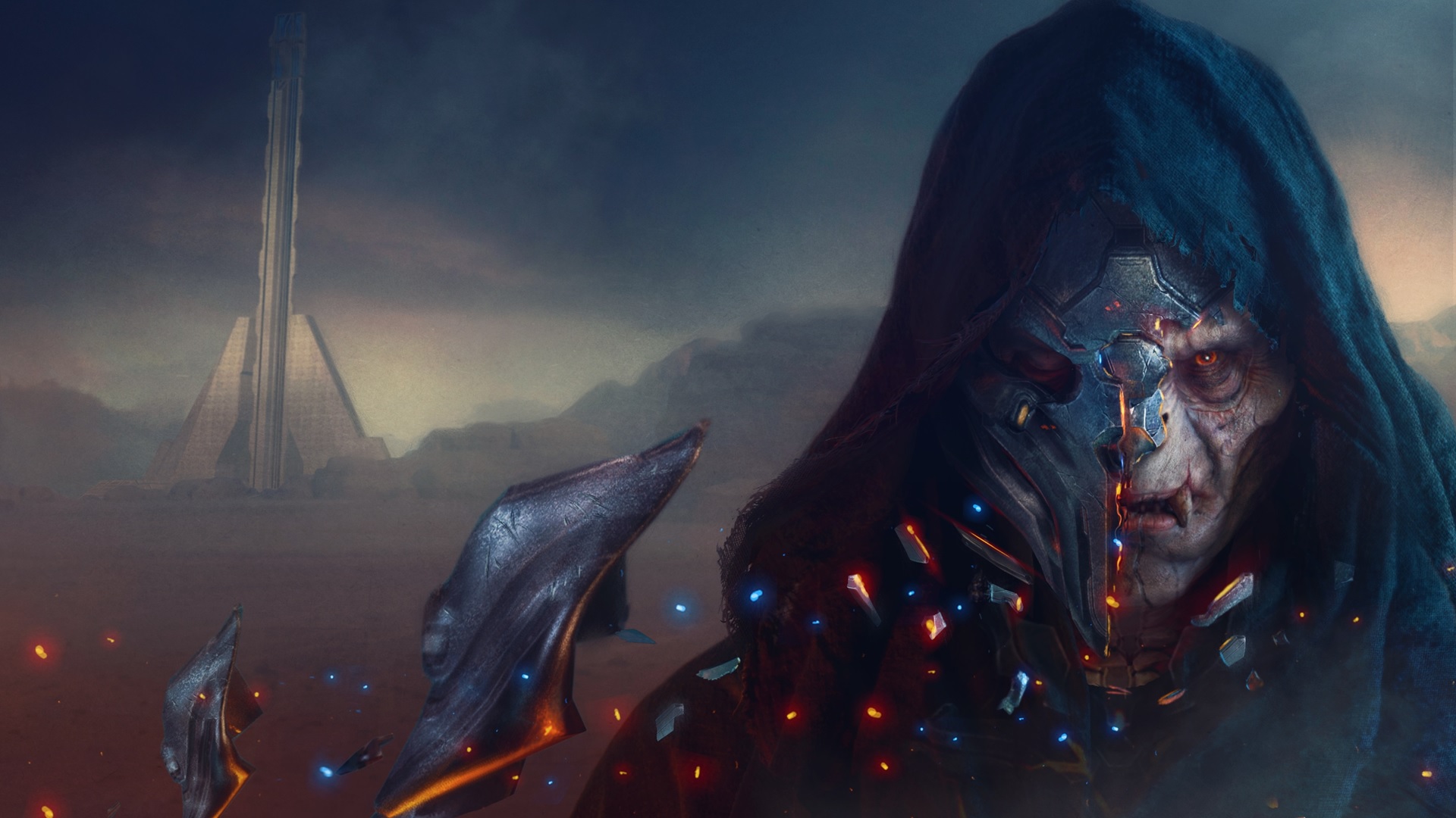 Cover art of Halo: Epitaph by Chris McGrath depicting the hooded figure of the Didact with half a broken helmet in a desert environment, the tower of Halo 3's map Epitaph in the background