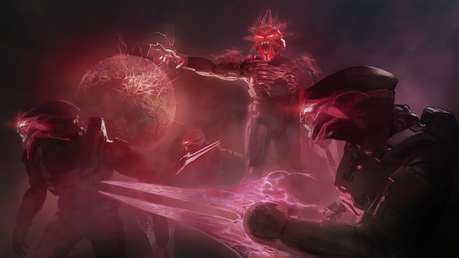Halo Infinite concept art for the Infection mode showing three Spartans infected by Iratus