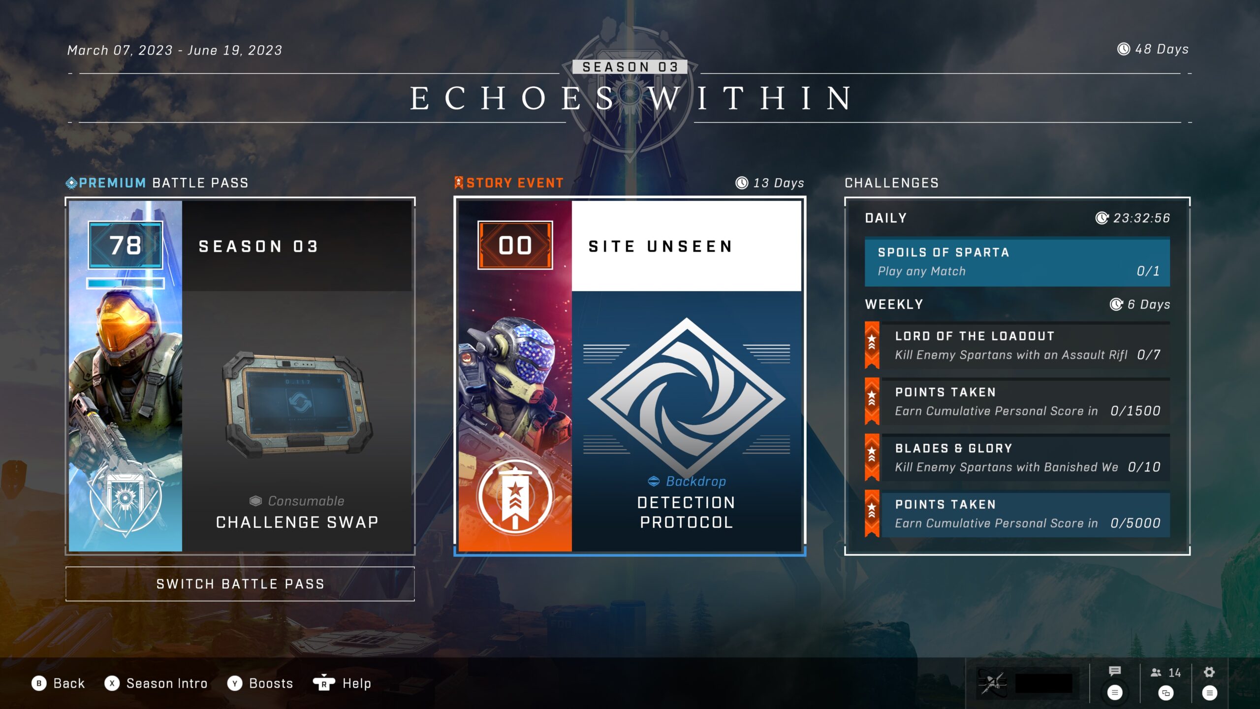 Halo Infinite screenshot of Echoes Within menu showing Battle Pass, Story Event, and Challenges