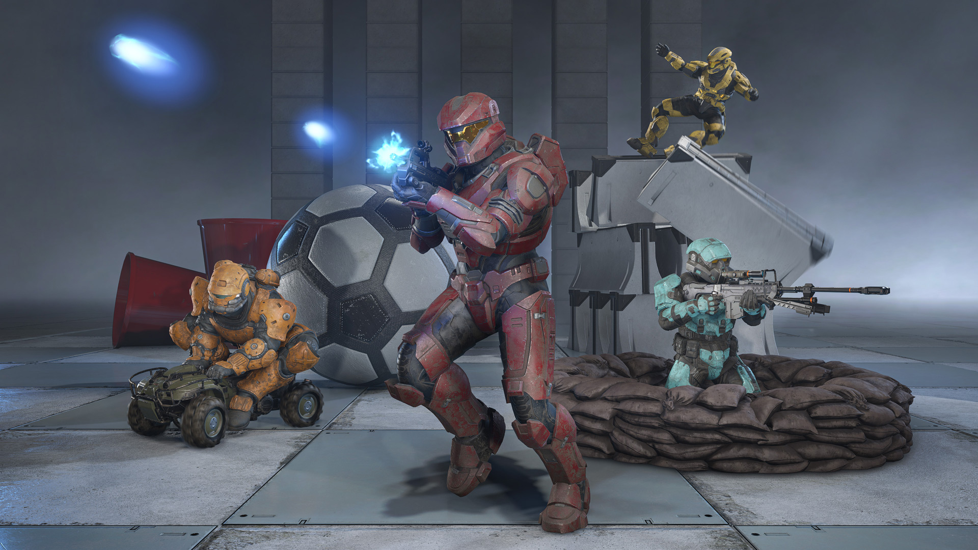 A screenshot showing off Spartans doing silly activities from popular Halo minigames.