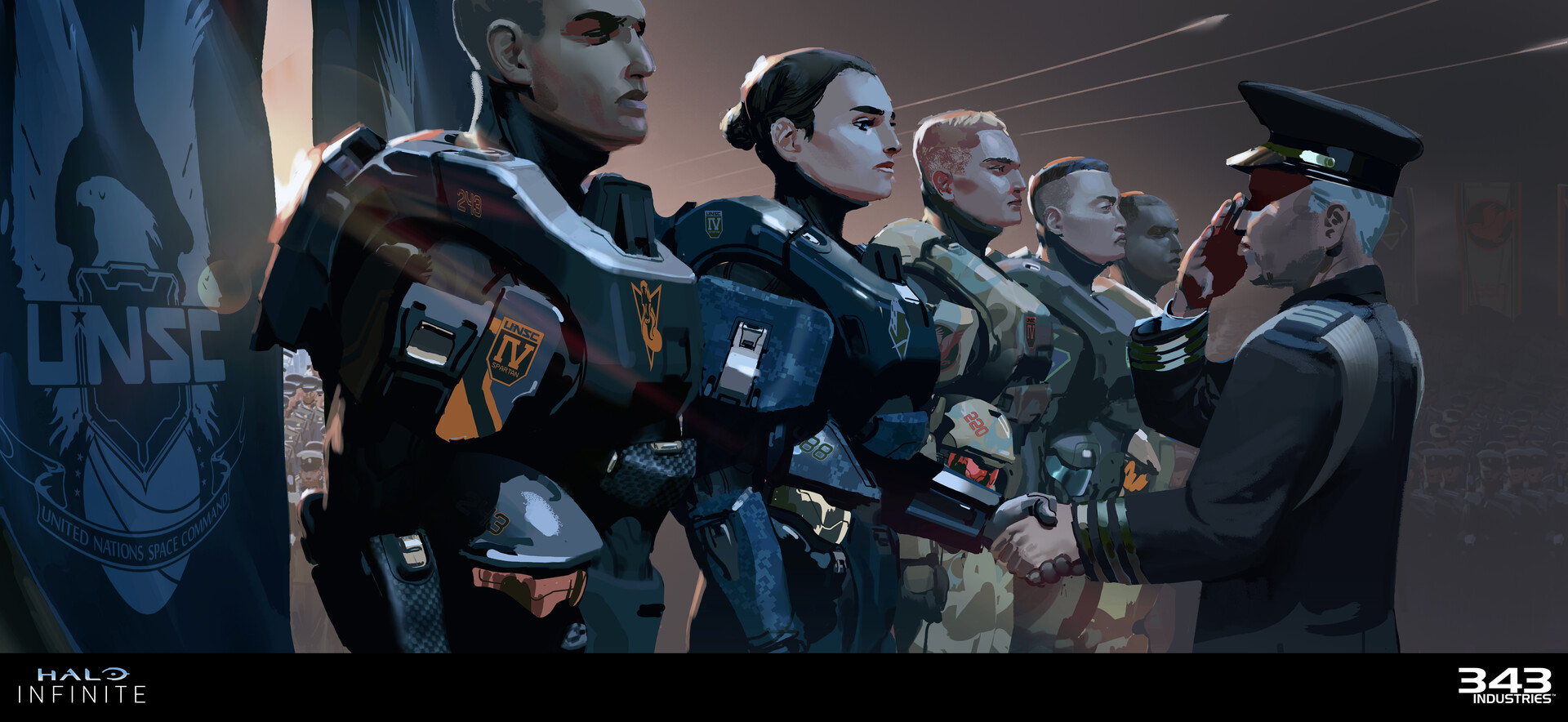 Halo Infinite concept art depicting multiple Spartans receiving awards.