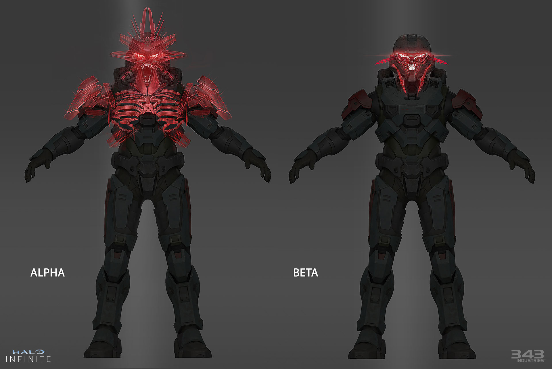 Halo Infinite concept art of Alpha and Beta Infected showing the different Iratus effects