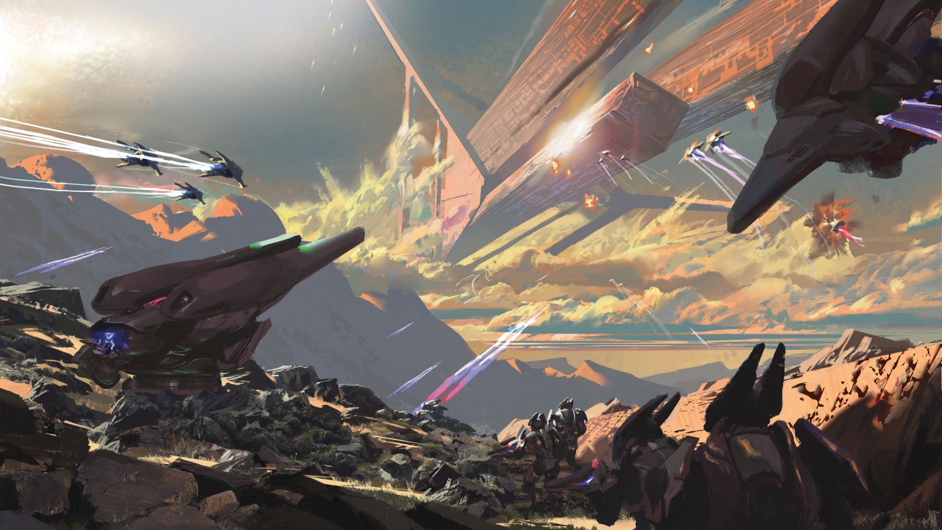 Halo Mythos art by David Heidhoff showing the War of Beginnings between the Sangheili and San'Shyuum on the world of Ulgethon