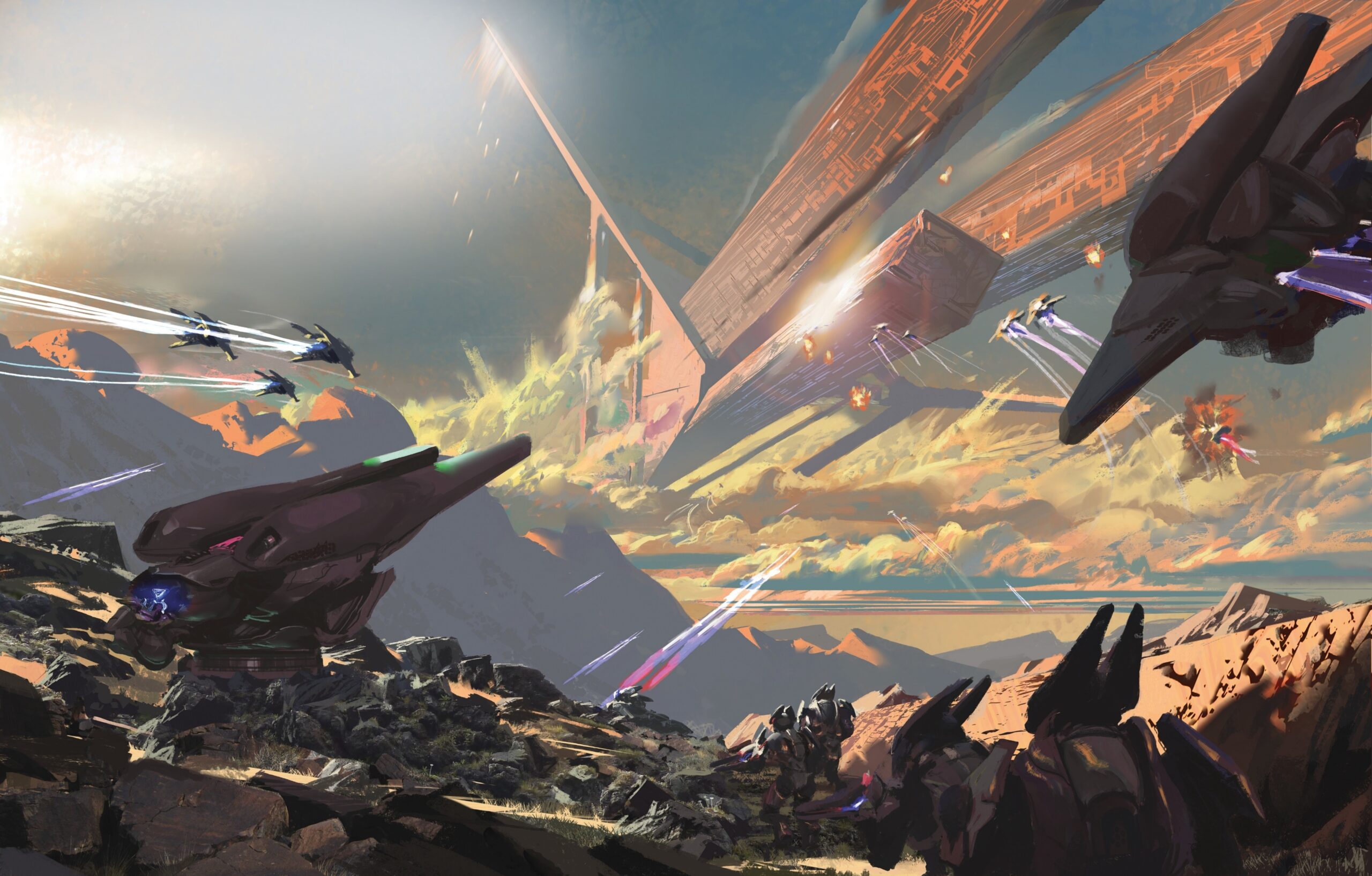 Halo Mythos art by David Heidhoff showing the War of Beginnings between the Sangheili and San'Shyuum on the world of Ulgethon