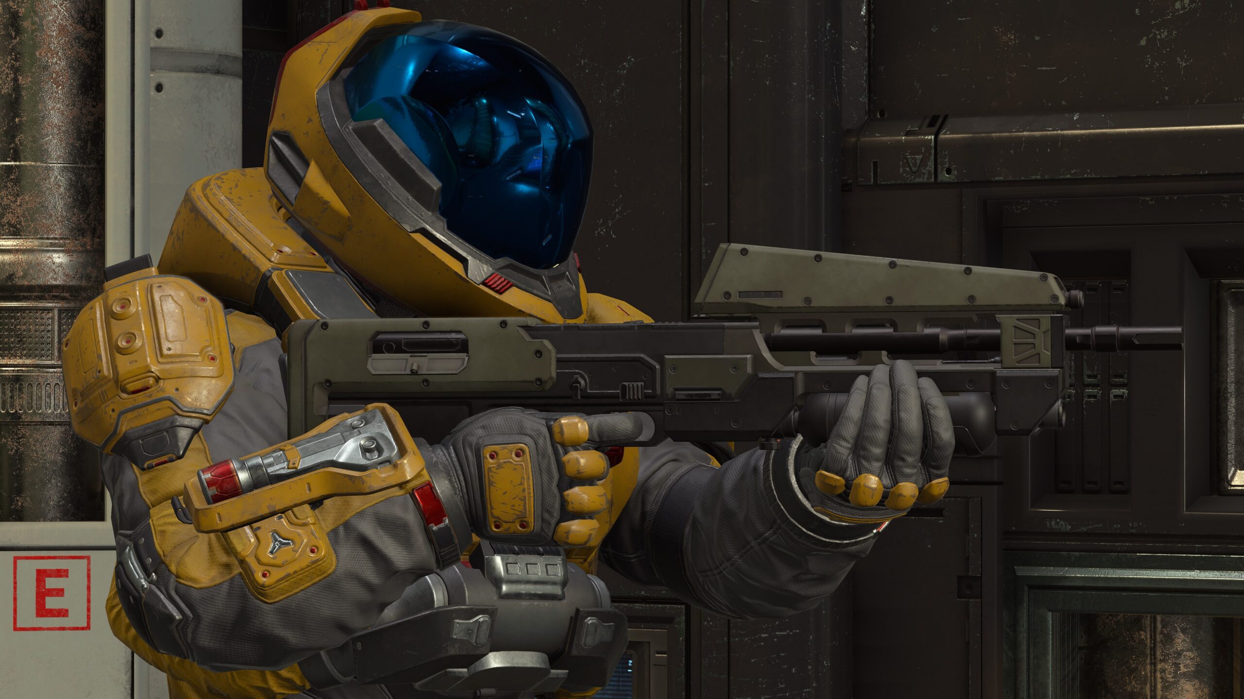 Halo Infinite screenshot of a Spartan in HAZMAT armor