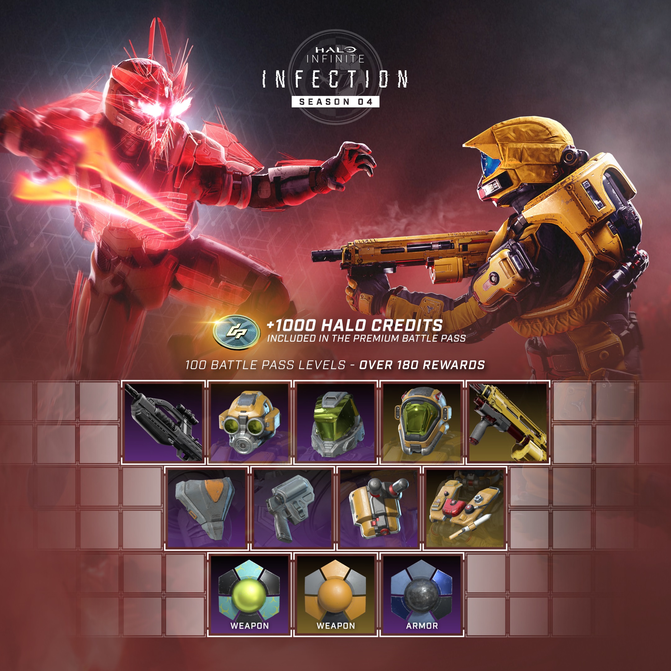 Halo Infinite image of the Season 4 Premium Battle Pass with a selection of customization items and 1000 earnable Credits