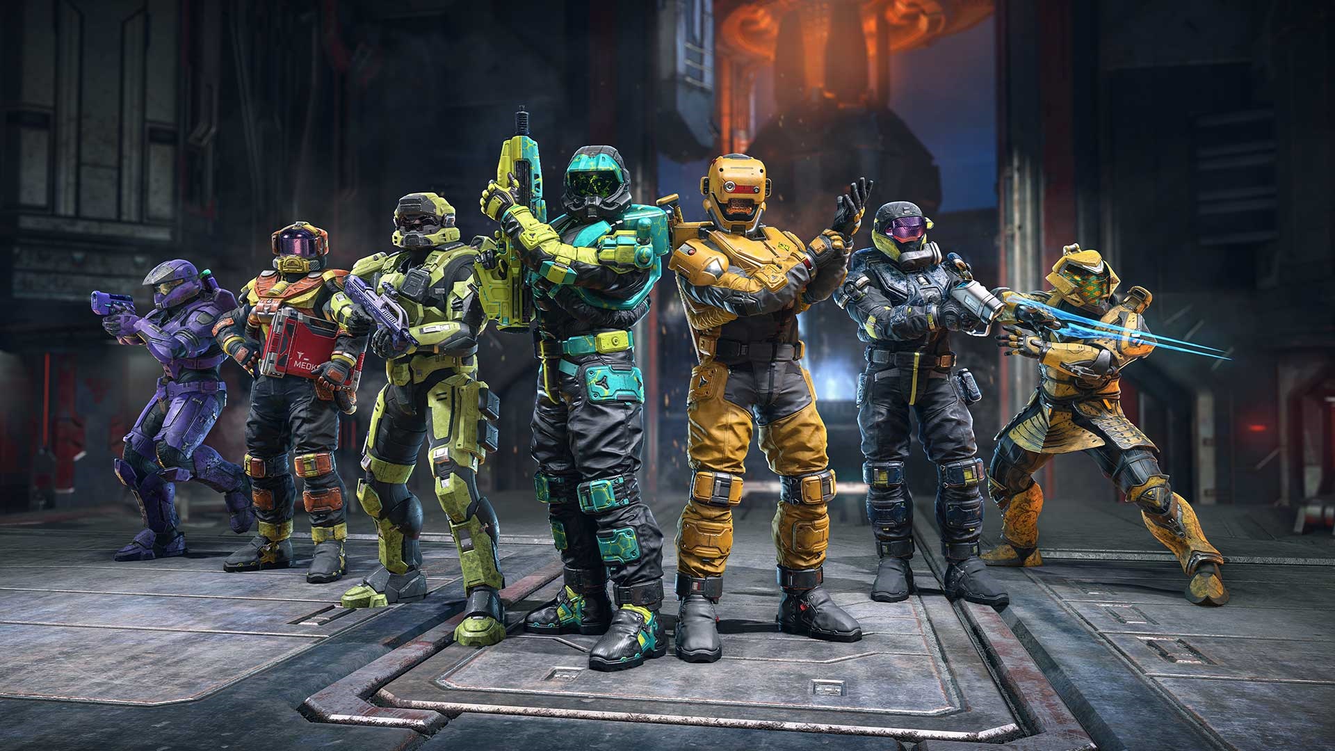 Halo Infinite image of a line-up of Spartans outfitted in Season 4 customization items