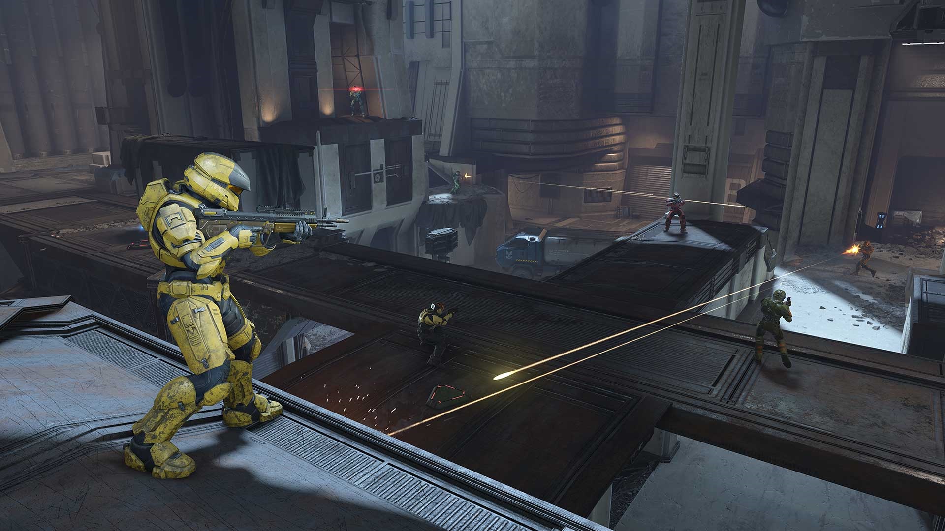 Halo Infinite image of Spartans fighting on the map Solitude