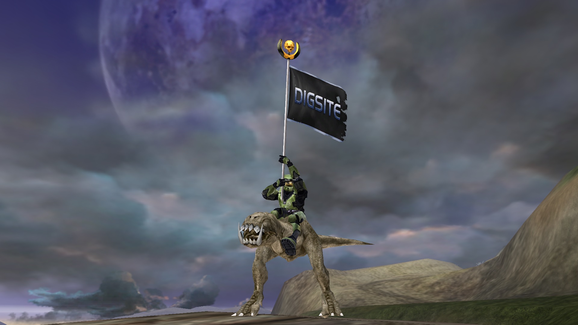 Screenshot of a Spartan riding a blind wolf with a flag that says "DIGSITE"