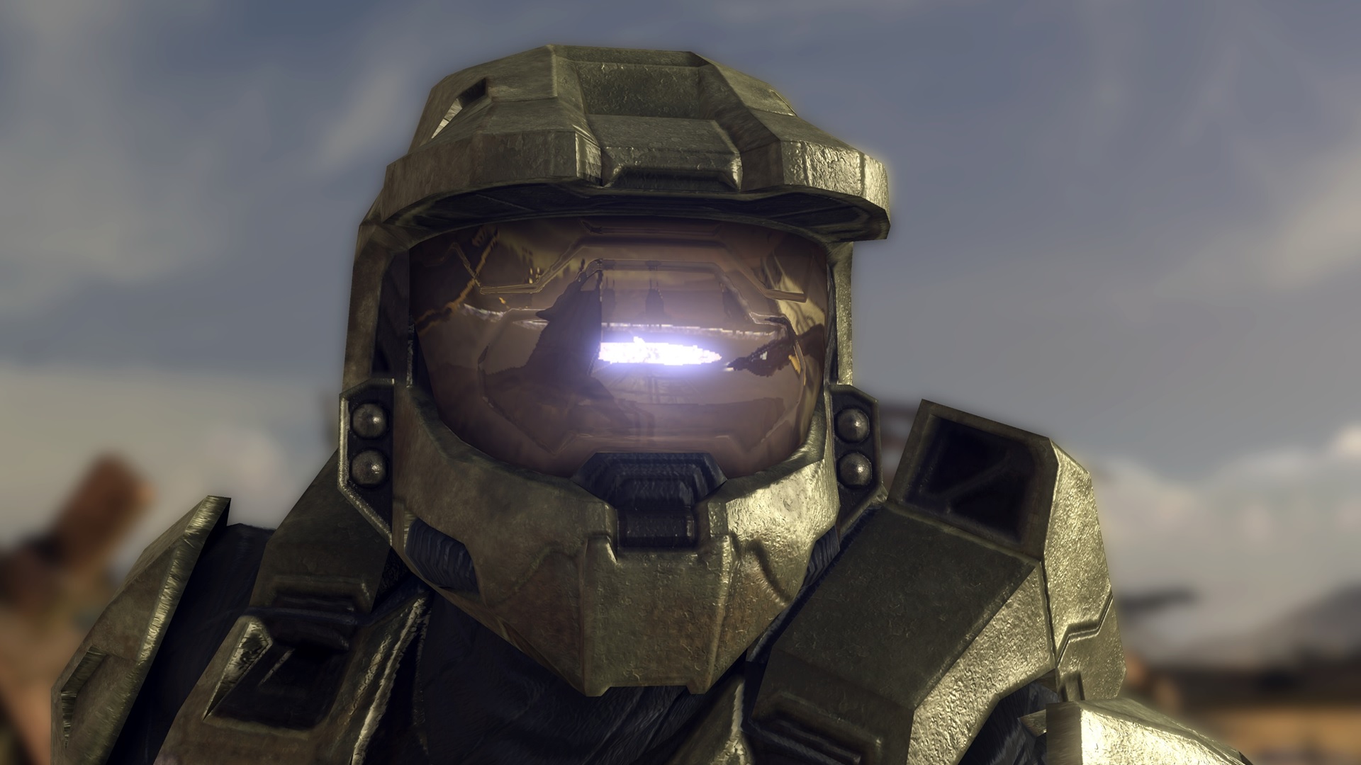 Screenshot of Halo 3's announcement teaser from E3 2006 of the Master Chief looking at the portal artifact's activation