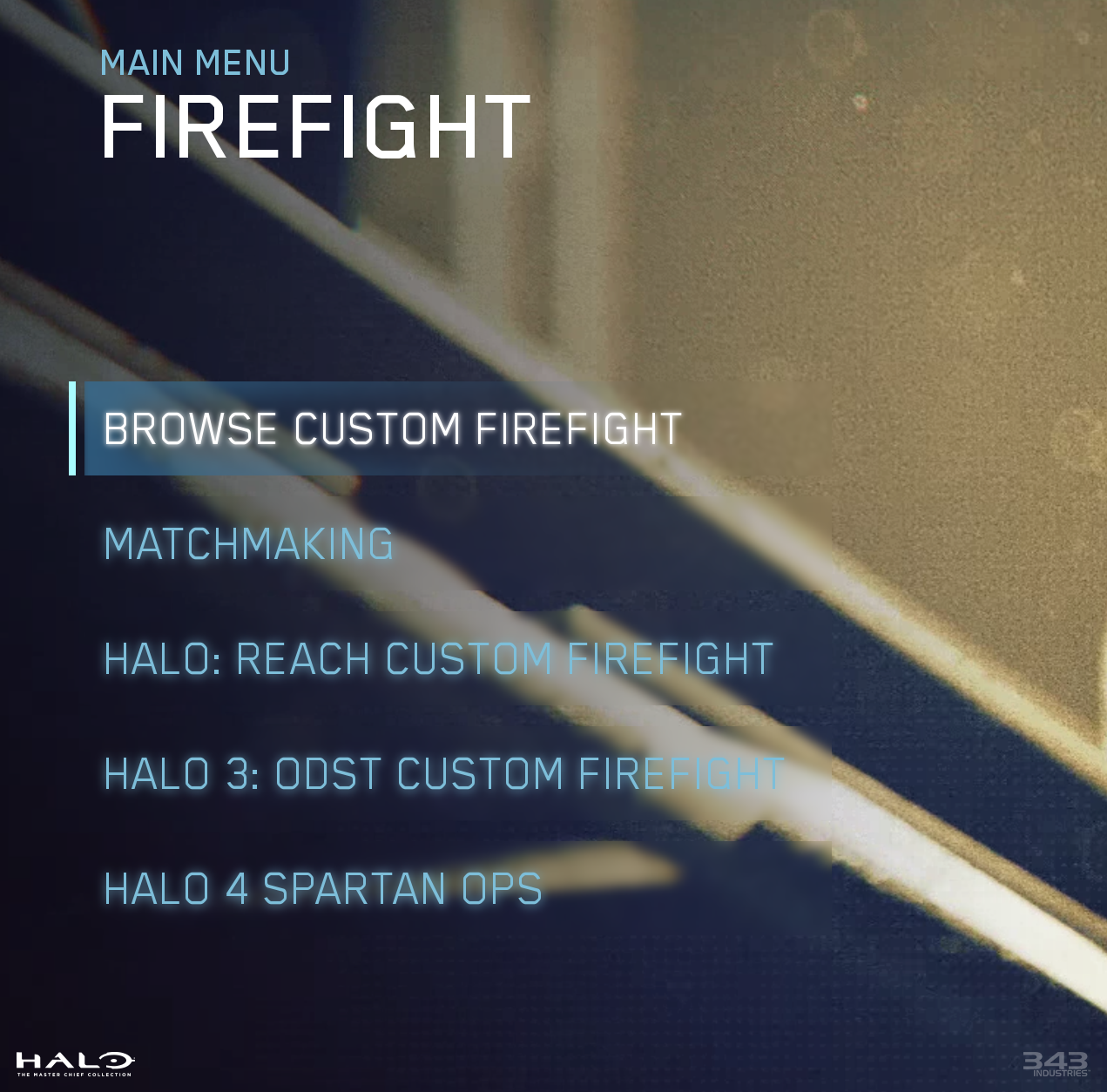 MCC menu screenshot showing "Browse Custom Firefight" option