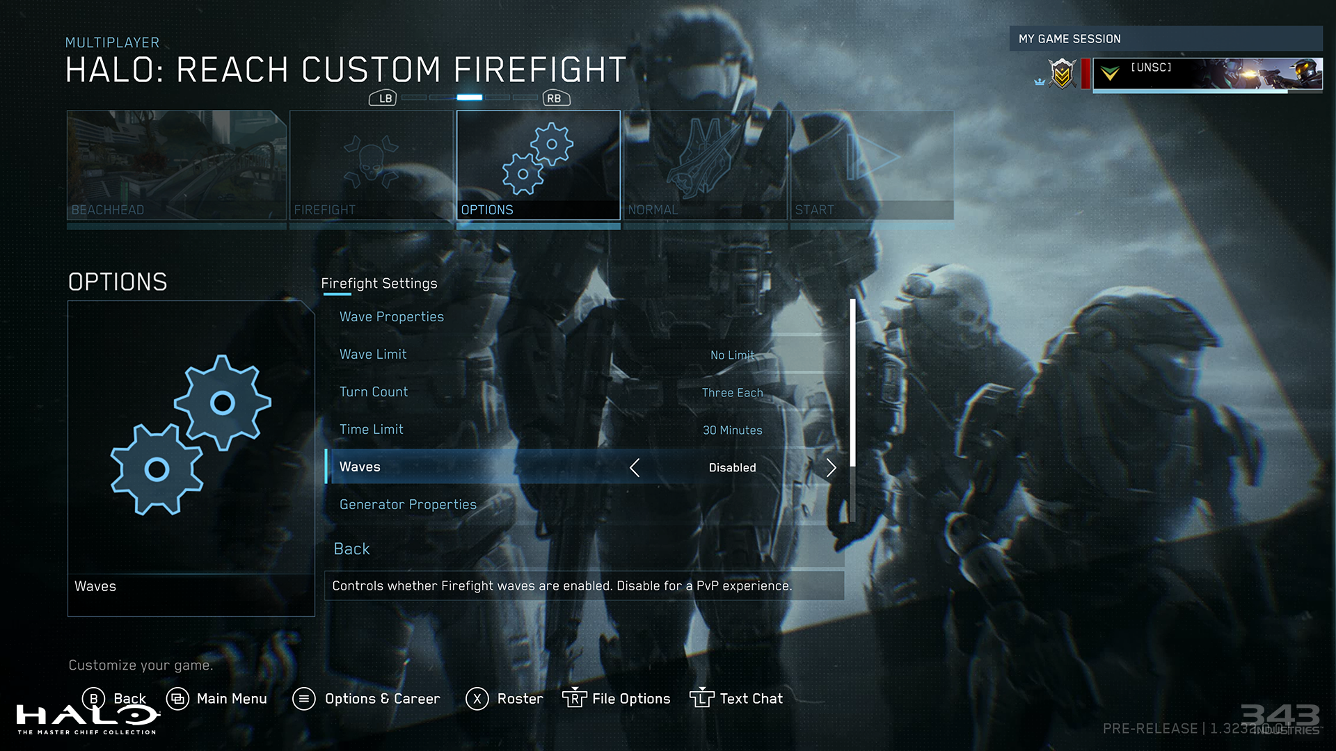 Halo: Reach Firefight options menu screenshot showing how to disable waves