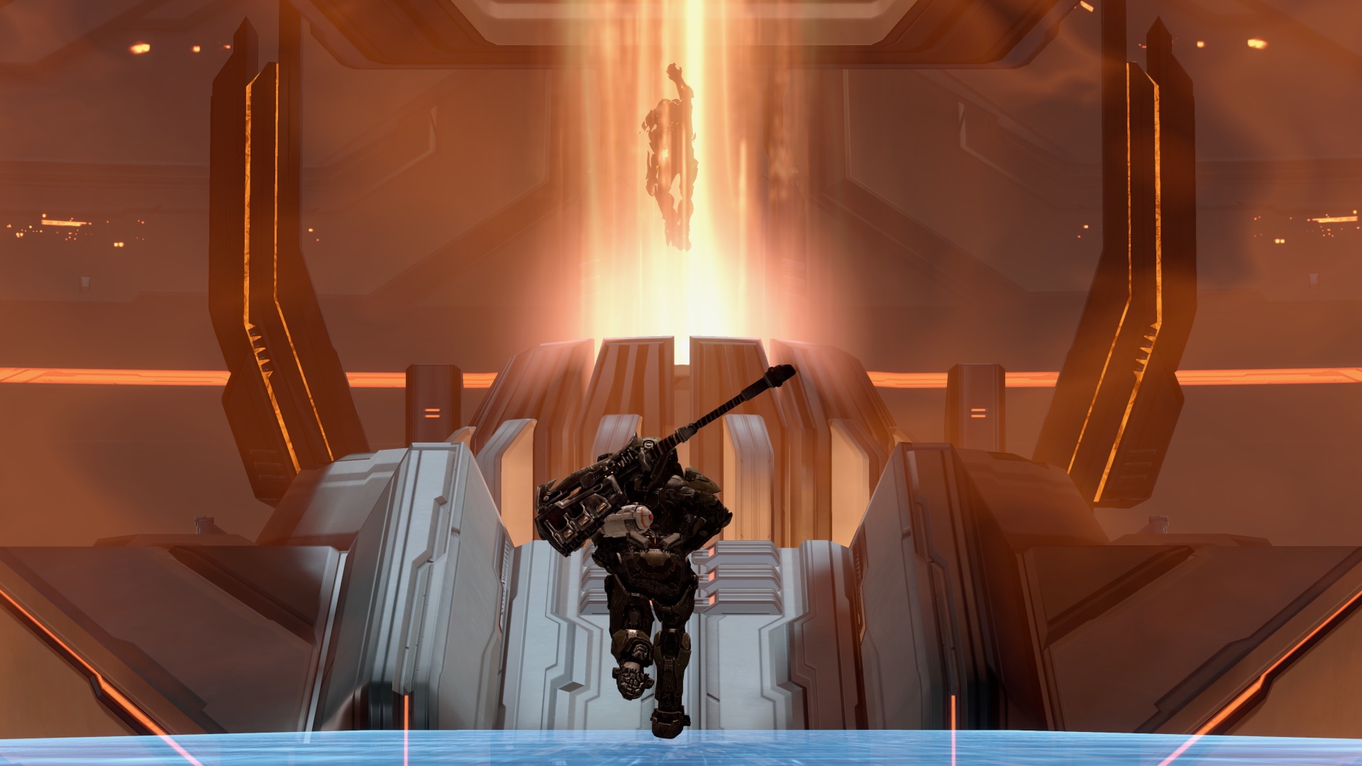 Halo 4 screenshot of the Master Chief sprinting towards the Didact within the Composer's beam