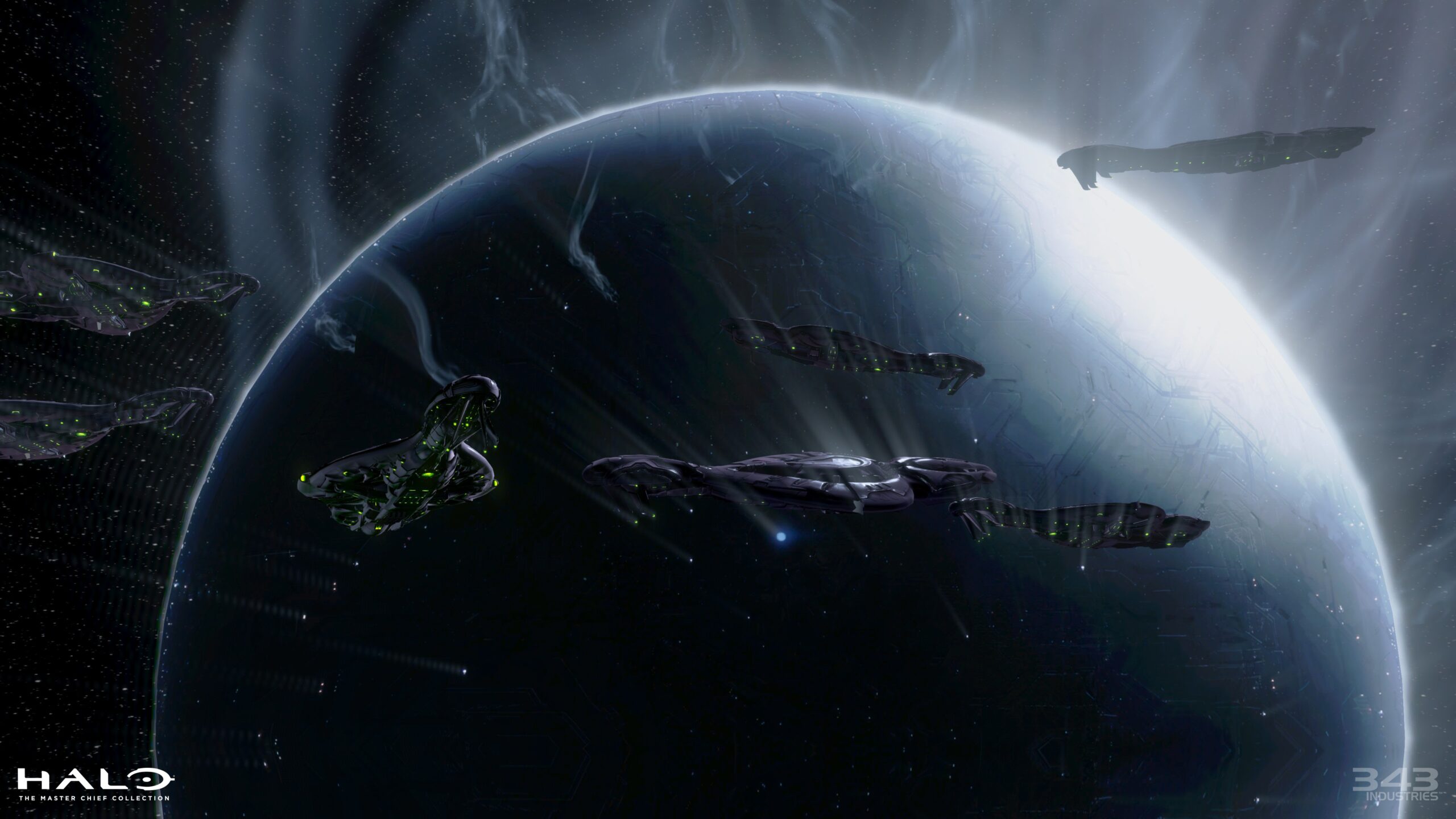 Halo 4 screenshot of Requiem with seven Covenant ships around it