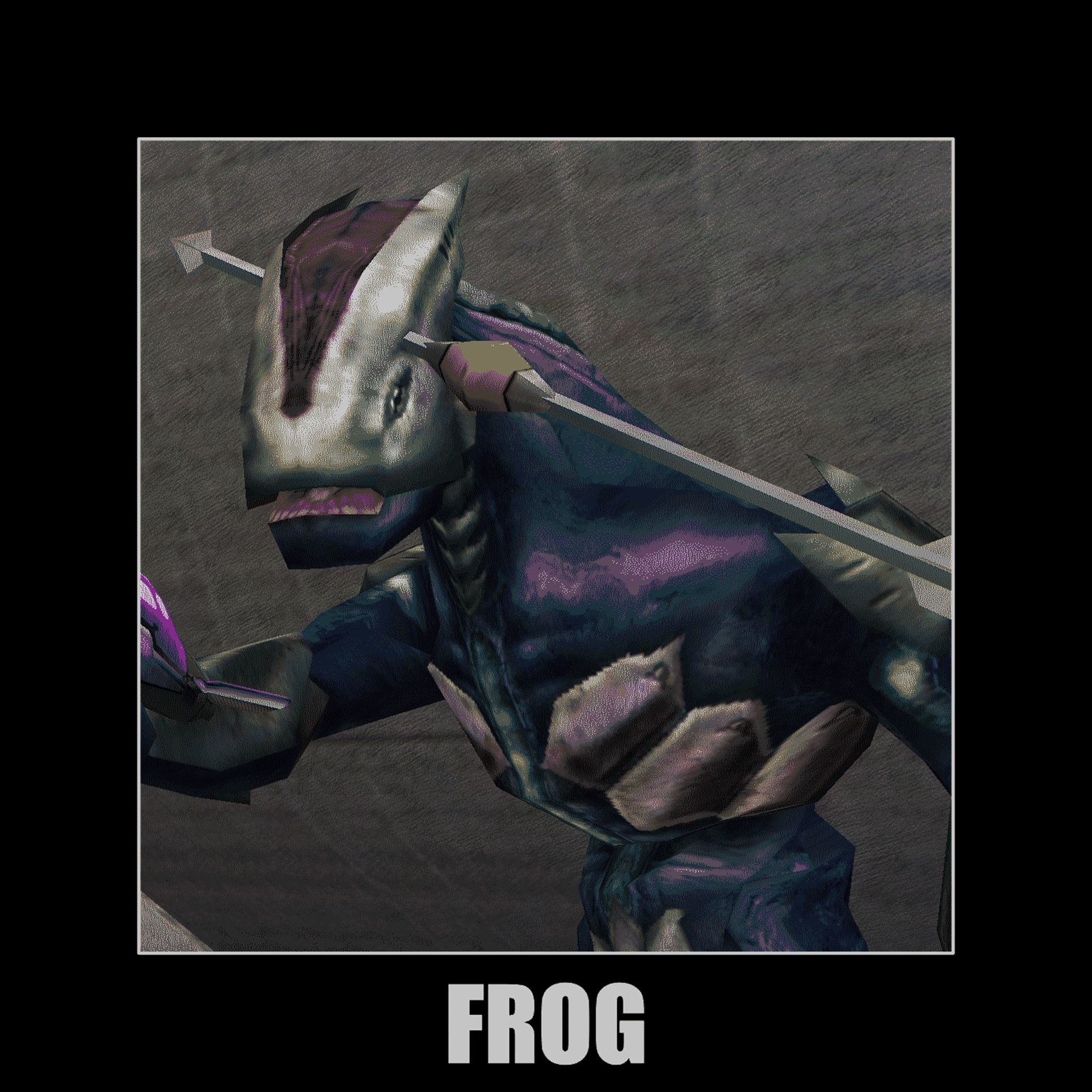Digsite meme image of an early Elite with a spear in its head titled "FROG"