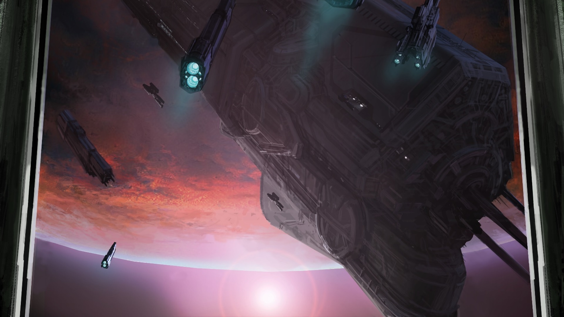 Crop of Eddie Smith's cover art for Halo: The Thursday War depicting the UNSC Infinity at Sanghelios