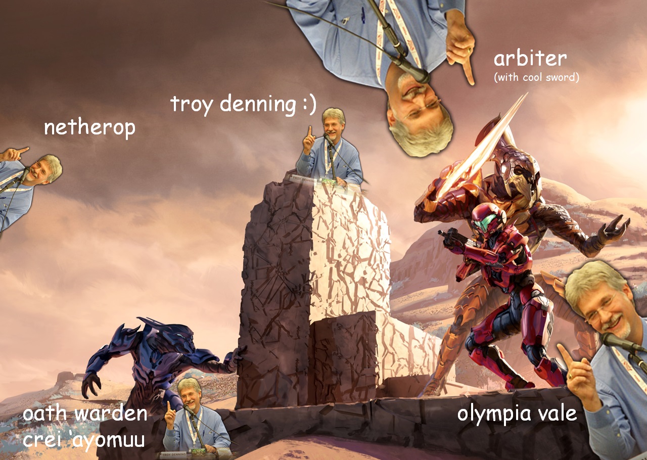 Halo: Outcasts cover art with many Troy Dennings edited in pointing to the Arbiter, Spartan Vale, Oath Warden Crei 'Ayomuu, Netherop, and himself