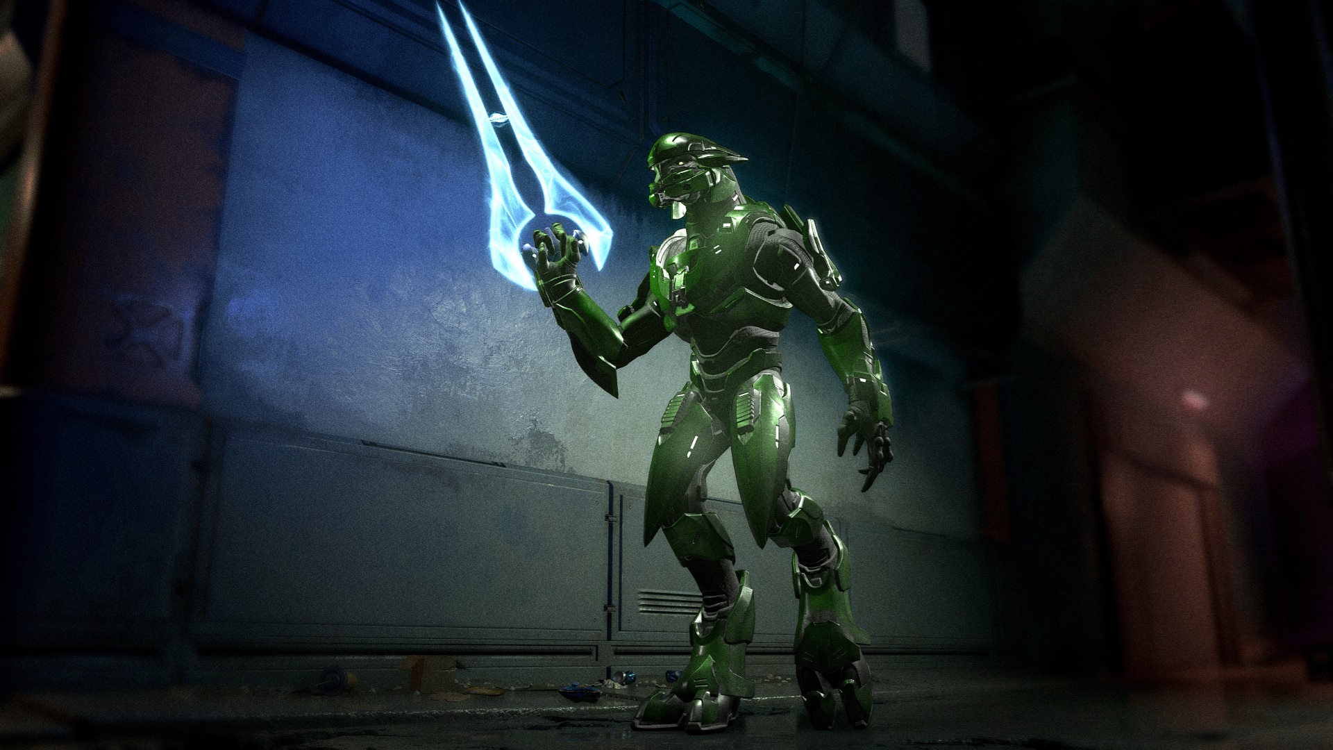 Duality image of a UNSC-aligned Sangheili in green armor holding an energy sword next to a building