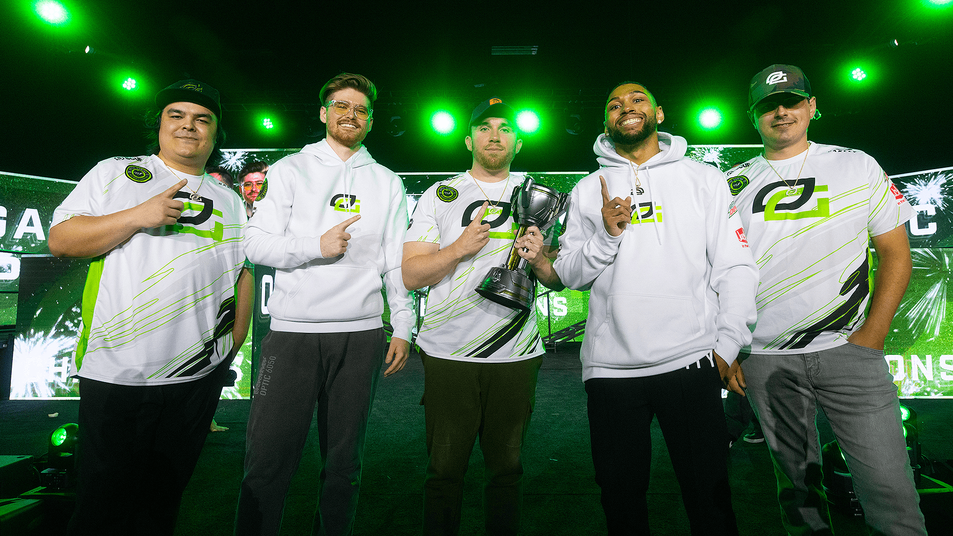 OpTic Gaming poses with the HCS Major trophy on the Fort Worth main stage
