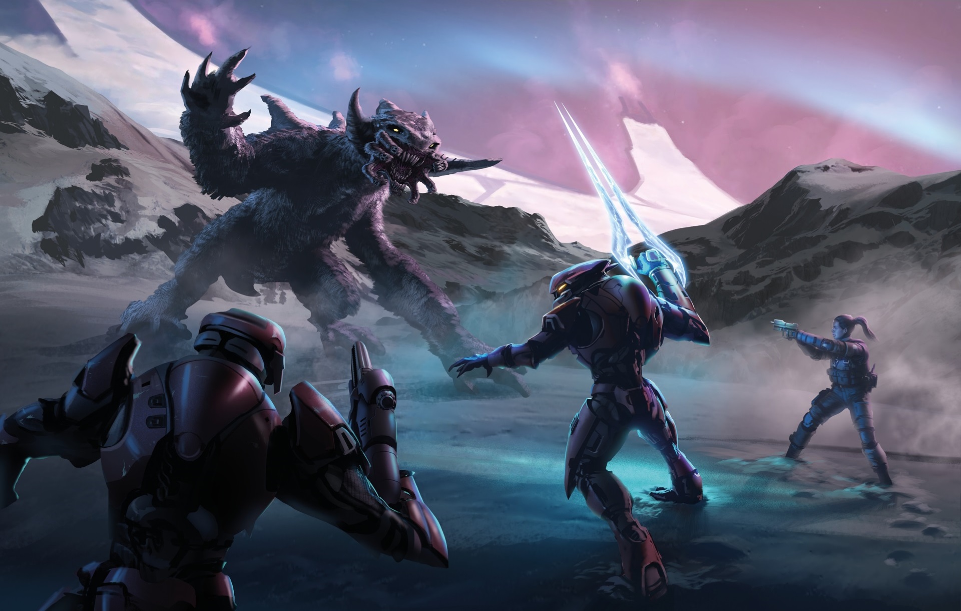 Halo Mythos artwork by Isaac Hannaford depicting a scene from Halo: Hunters in the Dark where Olympia Vale and Usze 'Taham battle a chaefka