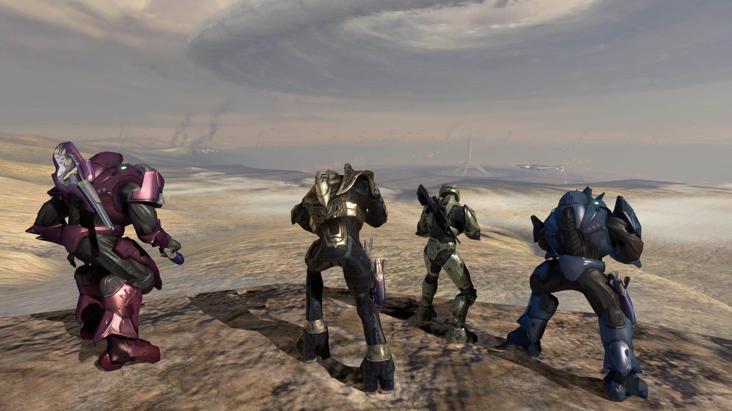 Halo 3 screenshot of (from left-to-right) Usze 'Taham, Arbiter Thel 'Vadam, the Master Chief, and N'tho 'Sraom looking out at the storm gathered around the Forerunner keyship on the mission Tsavo Highway