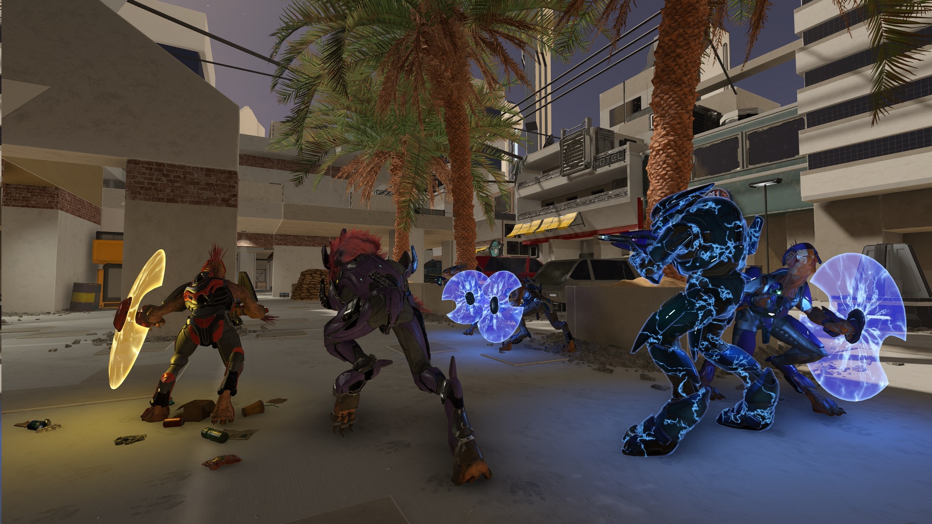 Halo Infinite screenshot of Jackals, Skirmishers, and Elites in the Halo 2 Outskirts courtyard created in Forge