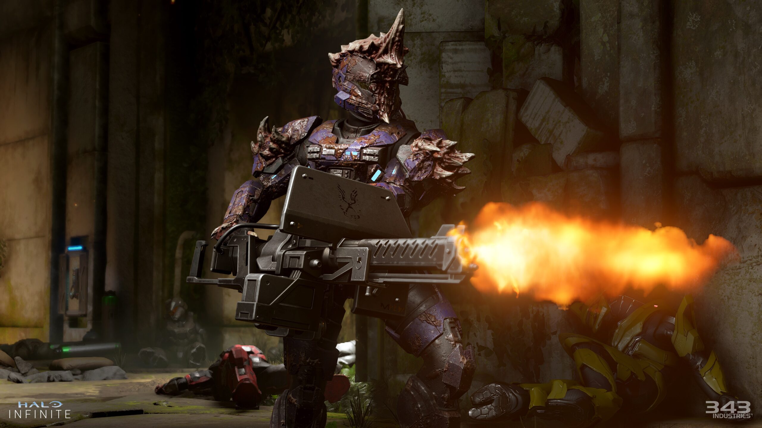 Halo Infinite screenshot of a Spartan clad in Flood-infected customization wielding a M247H machine gun