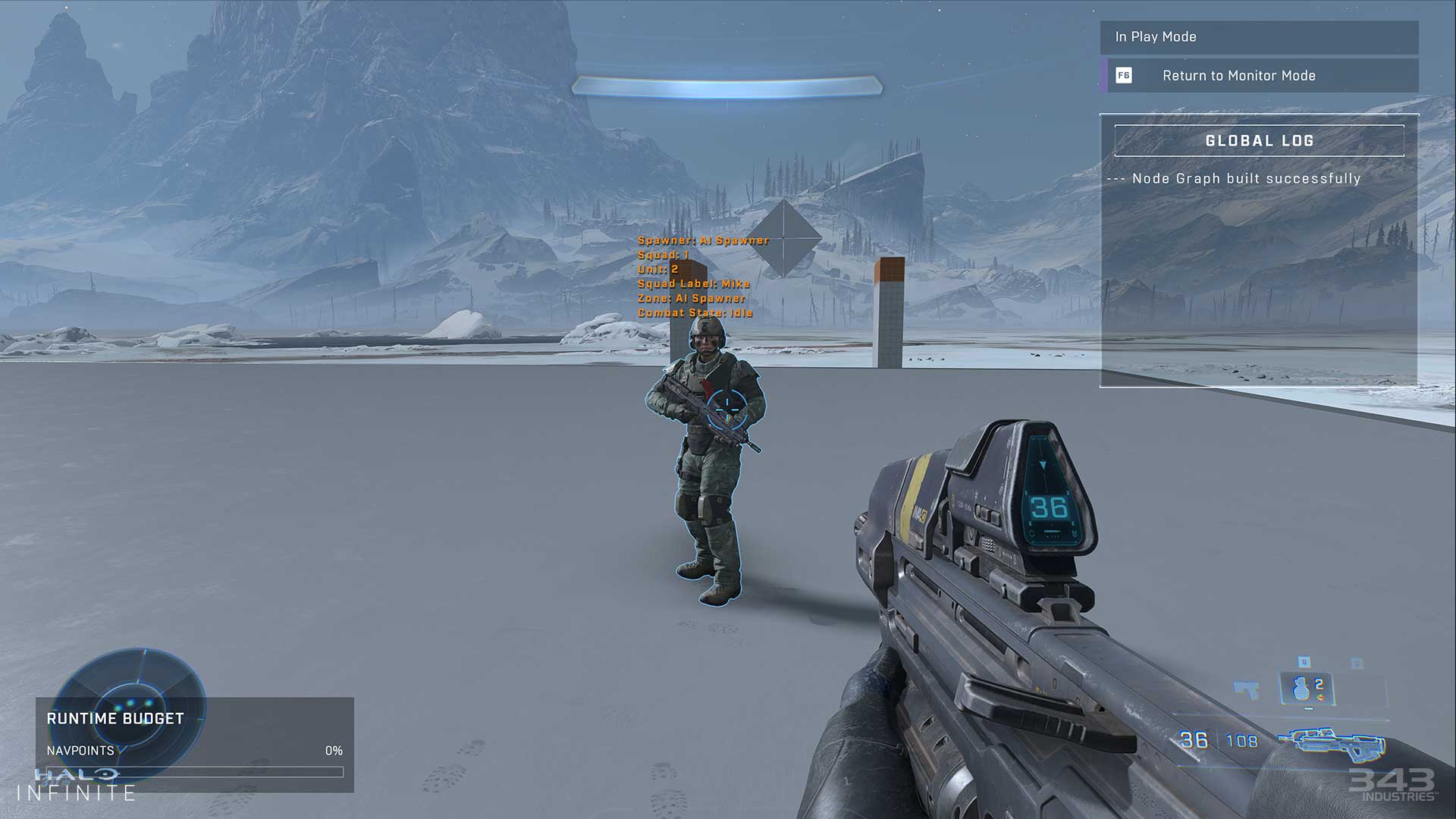 A screenshot of a Marine with debug text above their head on a Forge canvas.