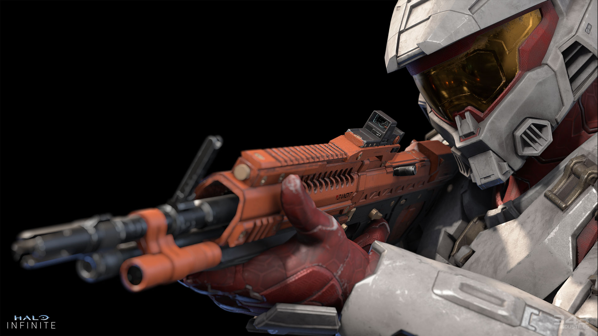 Halo Infinite screenshot of a Spartan aiming the Bandit Evo