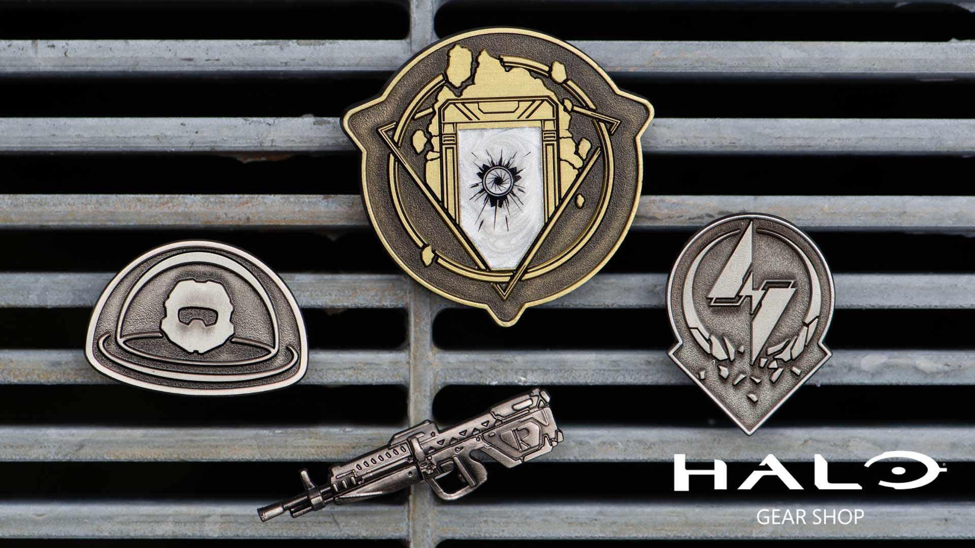 Product photography of the Season 3 Pins that are part of the Halo Gear Reward program. 