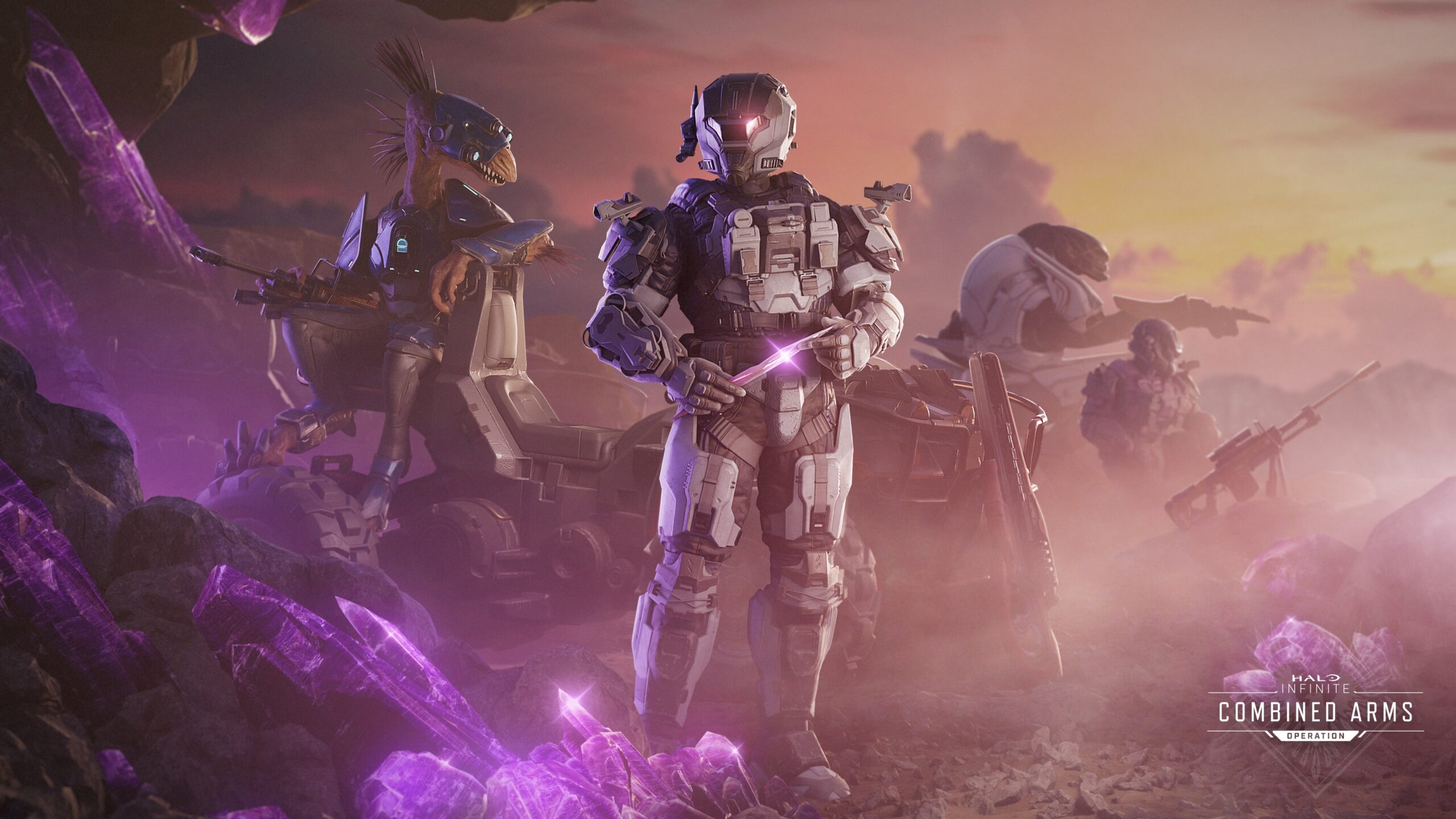 Halo Infinite key art for the Combined Arms Operation showing (from left-to-right) a Kig-Yar sat on the back of a Mongoose, a Spartan holding a shard of blamite, a Sangheili Ultra without a helmet, and another Spartan kneeling