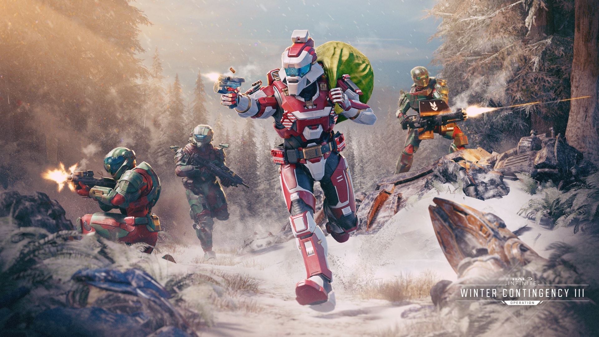 Halo Infinite key art for the Winter Contingency III Operation, showcasing four Spartans in the snow with the central one clad in Santa-inspired armor holding a green sack over their back