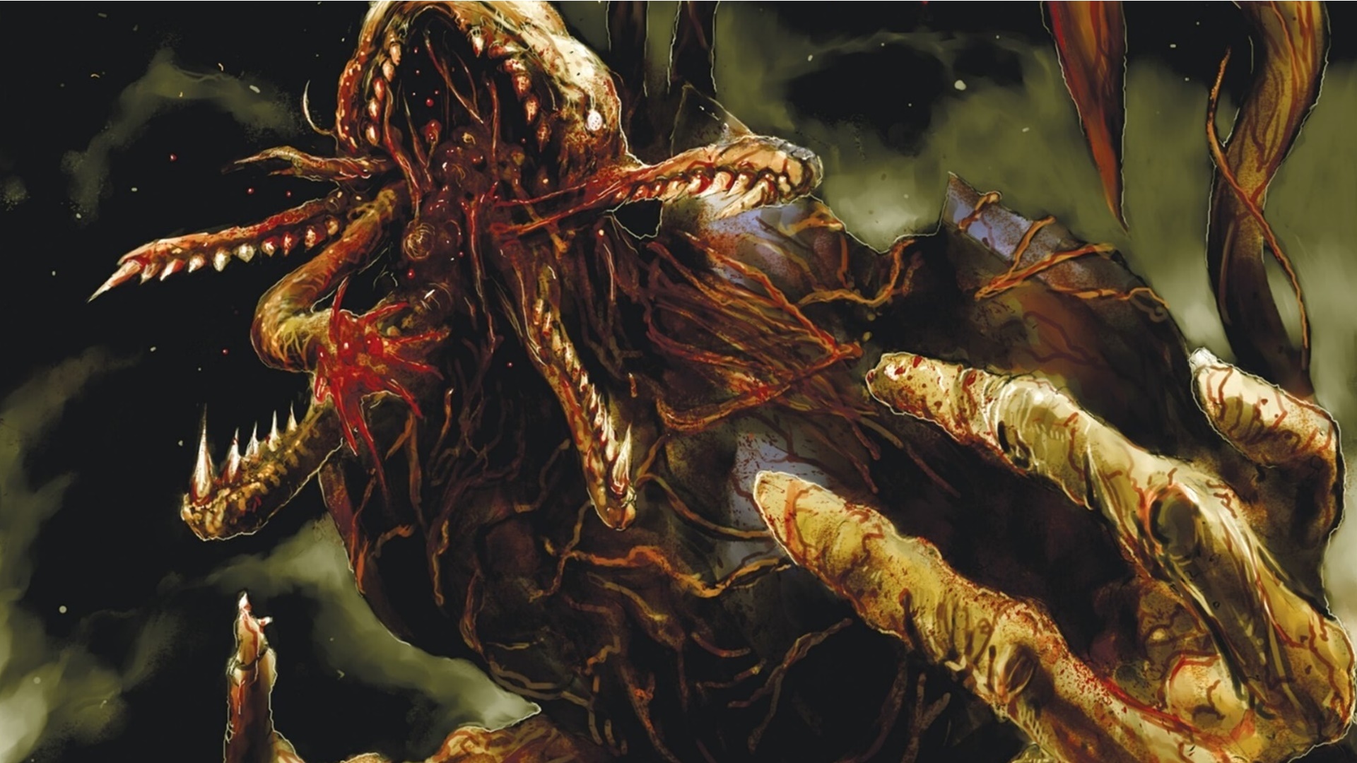 Crop of Halo Graphic Novel artwork by Tsutomu Nihei of a Flood-infected Sangheili combat form