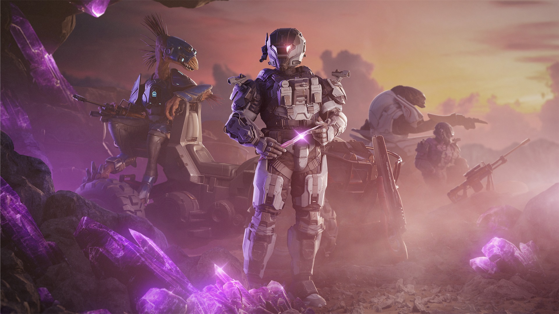 Halo Infinite key art for the Combined Arms Operation showing (from left-to-right) a Kig-Yar sat on the back of a Mongoose, a Spartan holding a shard of blamite, a Sangheili Ultra without a helmet, and another Spartan kneeling