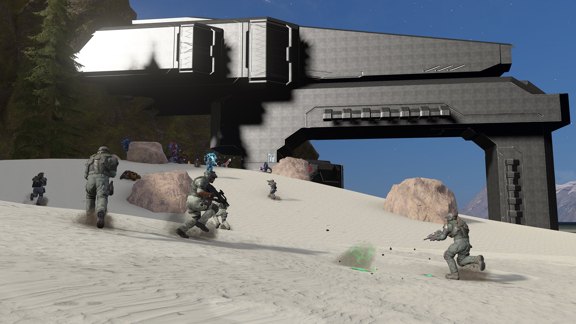 Halo Infinite screenshot of the Silent Cartographer beach assault recreated in Forge