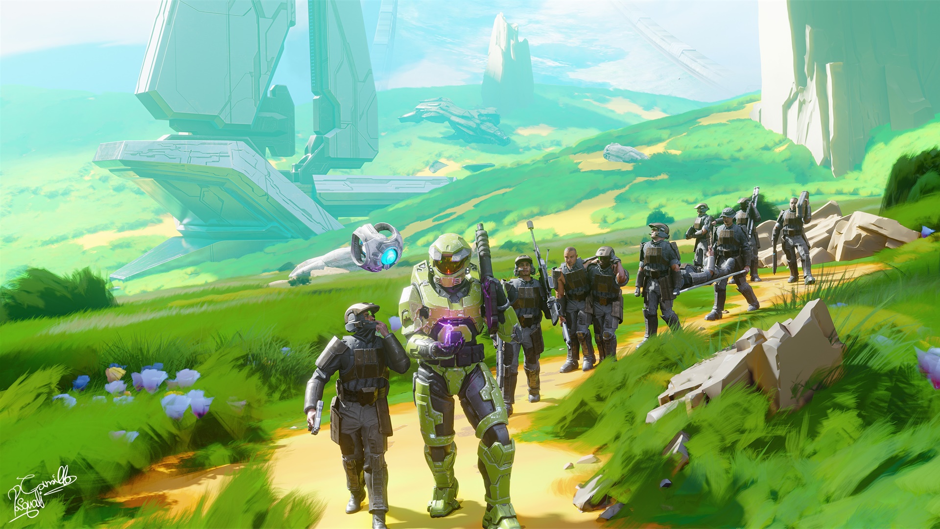 November Spotlight header image of art by millisworlds depicting the Master Chief, Cortana, 343 Guilty Spark, and a group of Marines on a grassy landscape with a Forerunner beam tower in the background