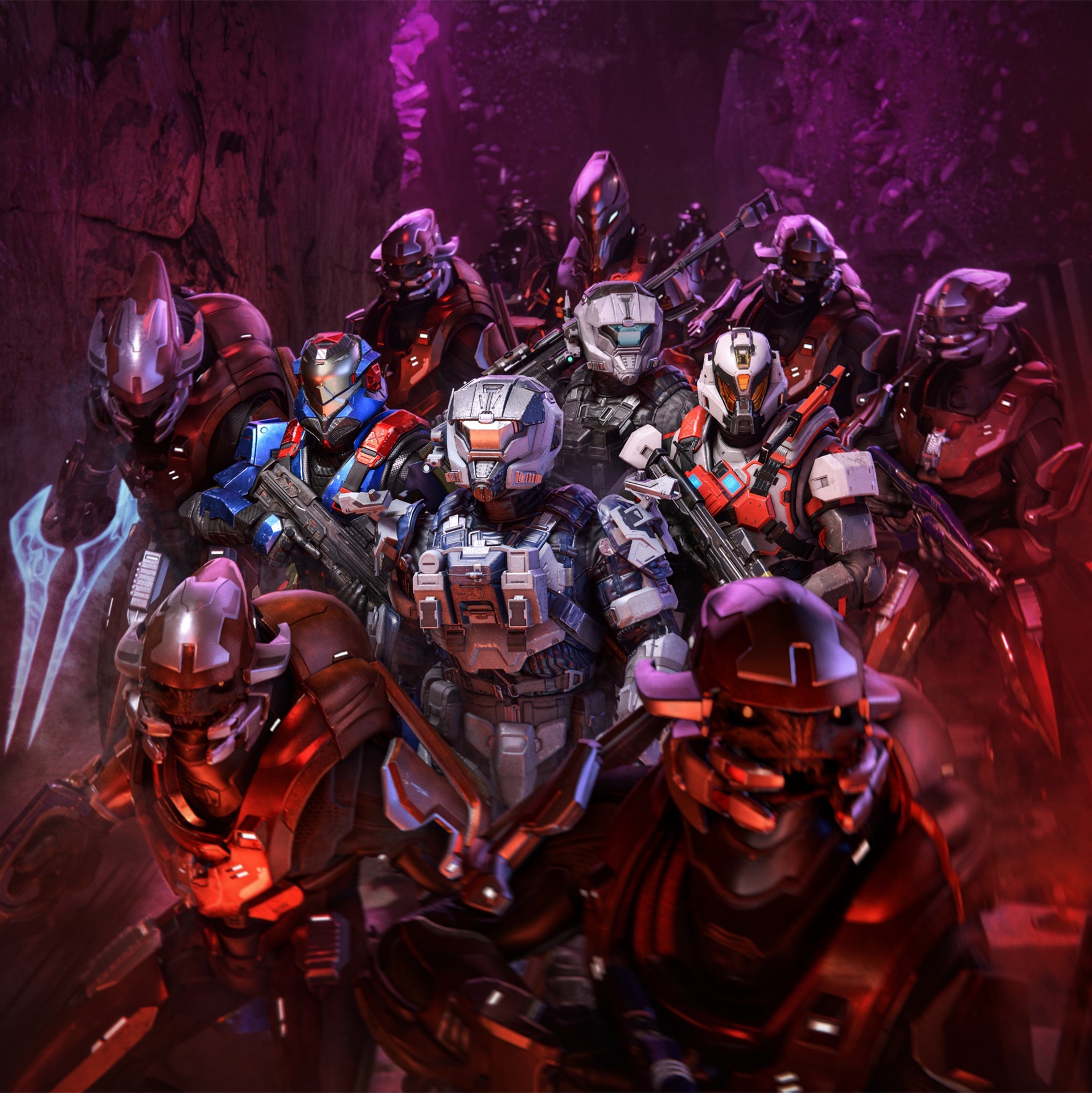 Full cover image of the Spartans of Fireteam Jorogumo surrounded by Swords of Sanghelios allies on Prism