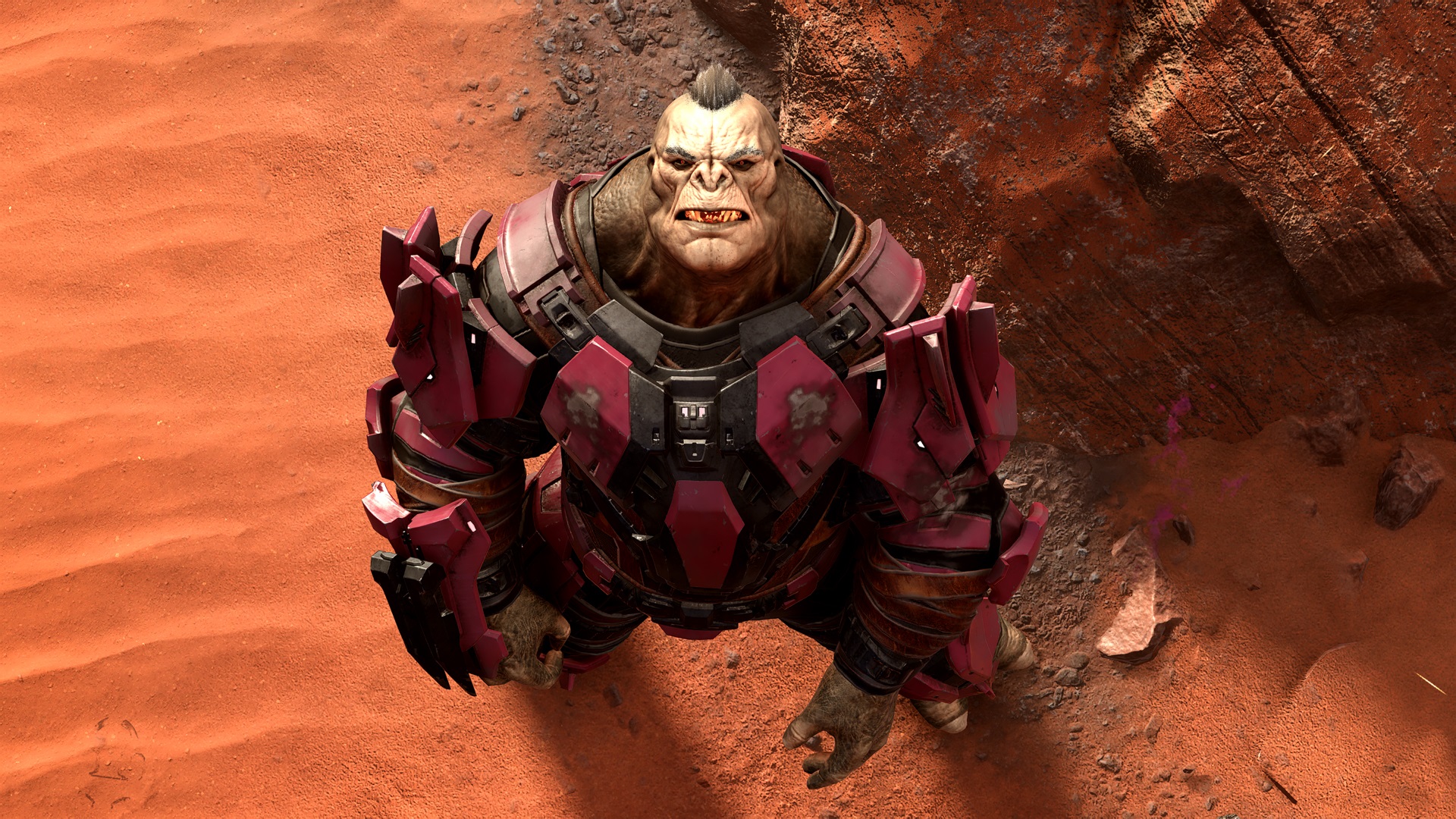 Halo Infinite screenshot of a Brute looking up