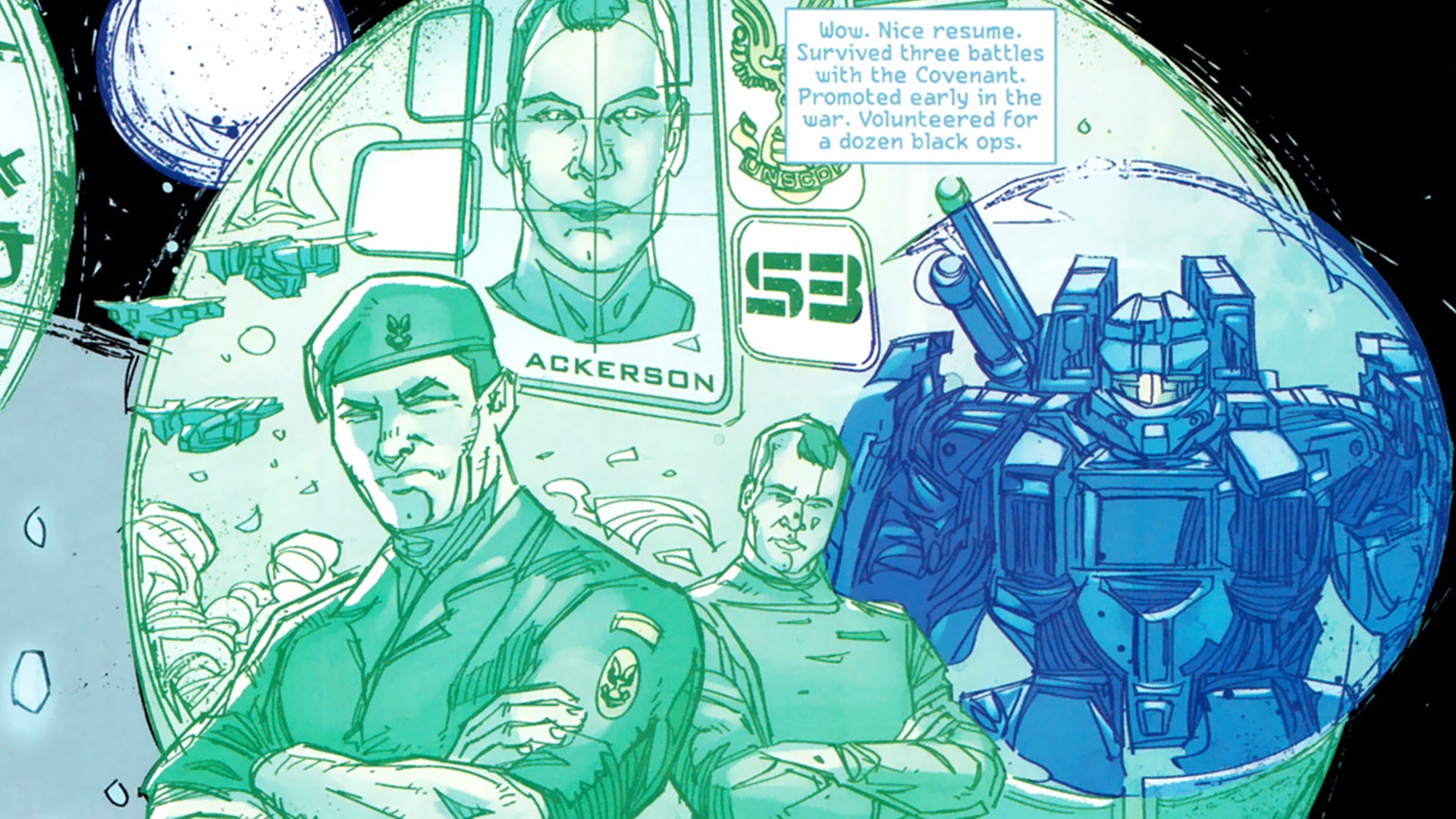 Crop of Cortana accessing James Ackerson's file from the comic Halo: Fall of Reach - Invasion, Issue 2