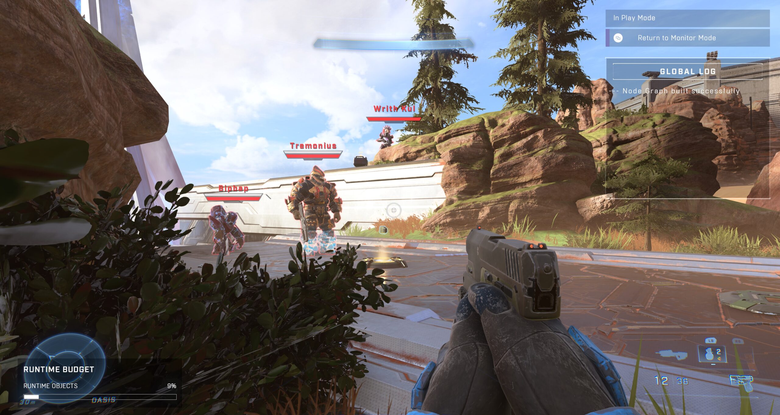 Halo Infinite screenshot of High Value Targets (Bipbap, Tremonius, and Writh Kul) being placed on the map Oasis in Forge