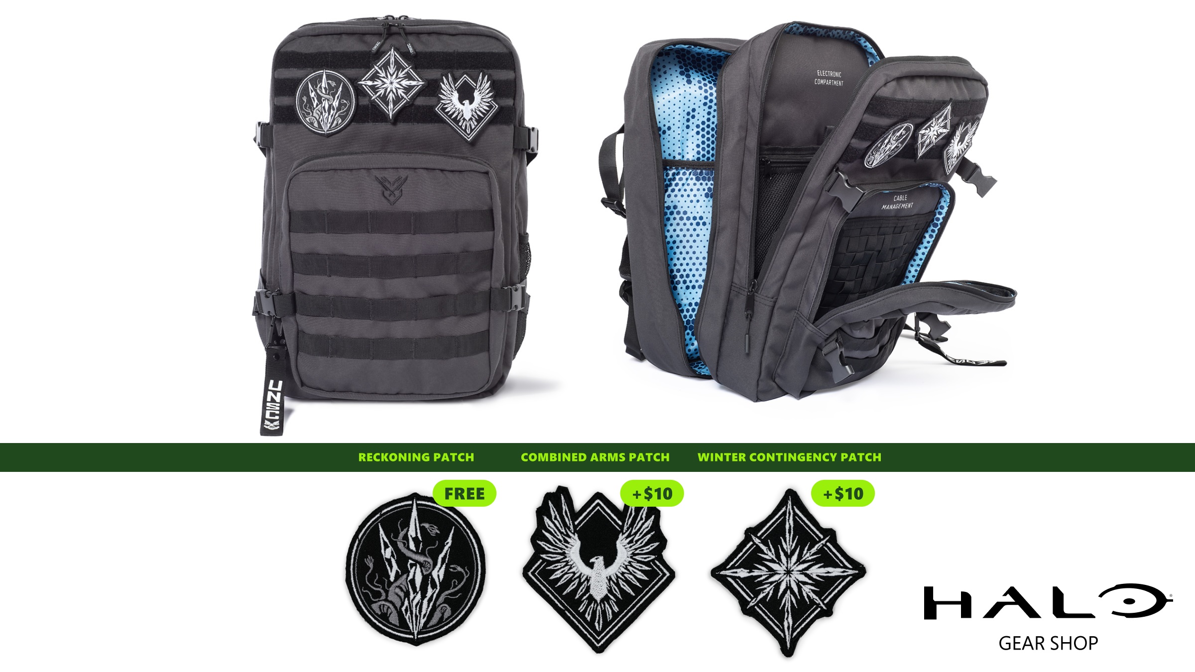Image of the Halo Tactical Backpack and optional Season 5 patches