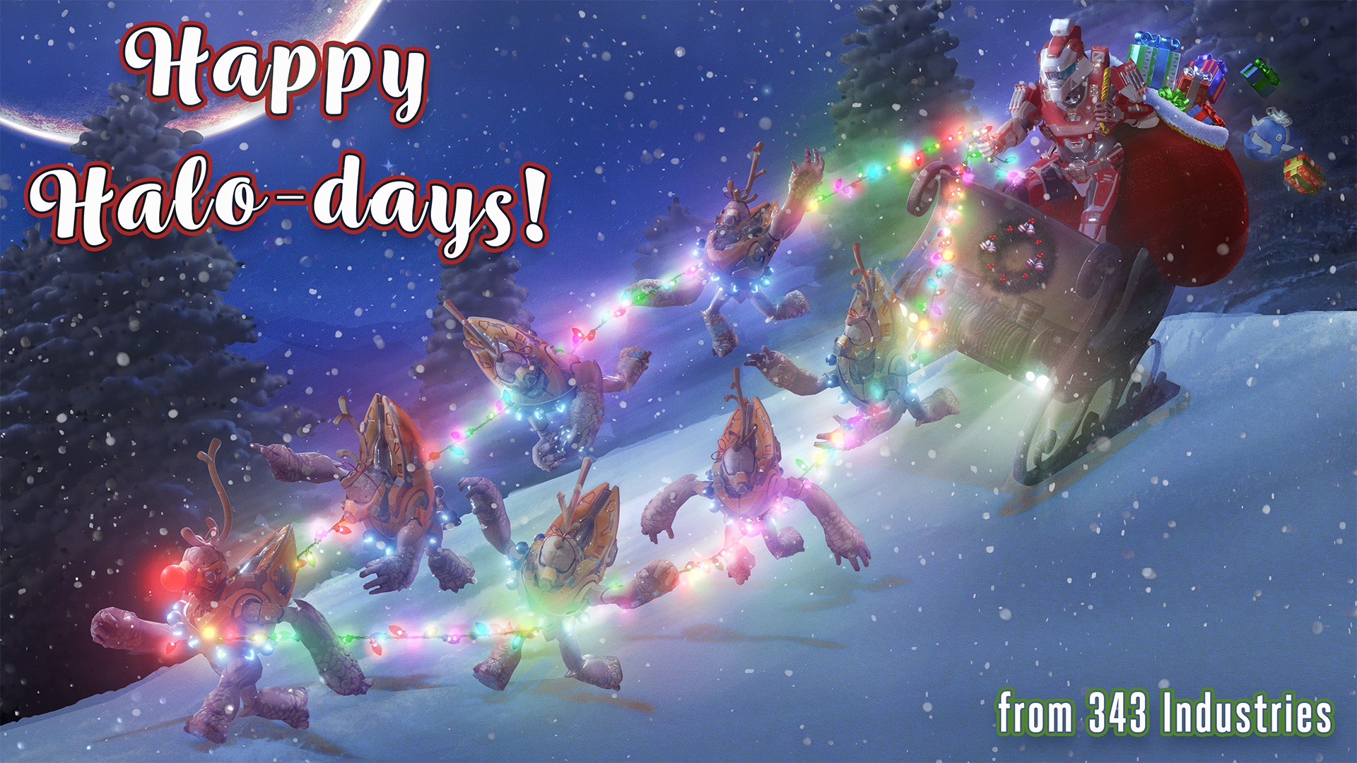 2023 Holiday Card from 343 depicting Spartan Santa riding a sleigh pulled by Unggoy with text that reads "Happy Halo-days! From 343 Industries"