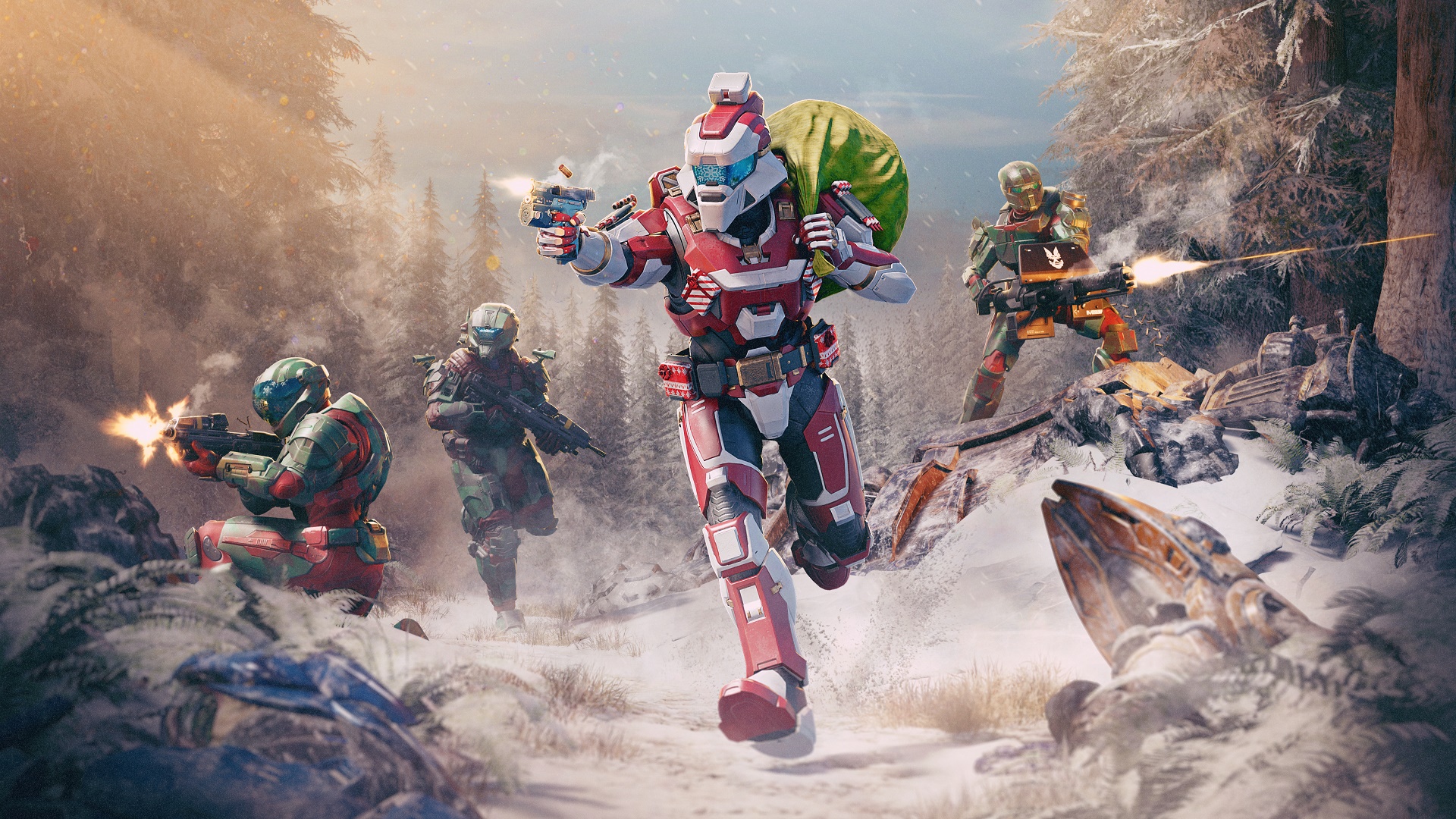 Halo Infinite key art for the Winter Contingency III Operation, showcasing four Spartans in the snow with the central one clad in Santa-inspired armor holding a green sack over their back