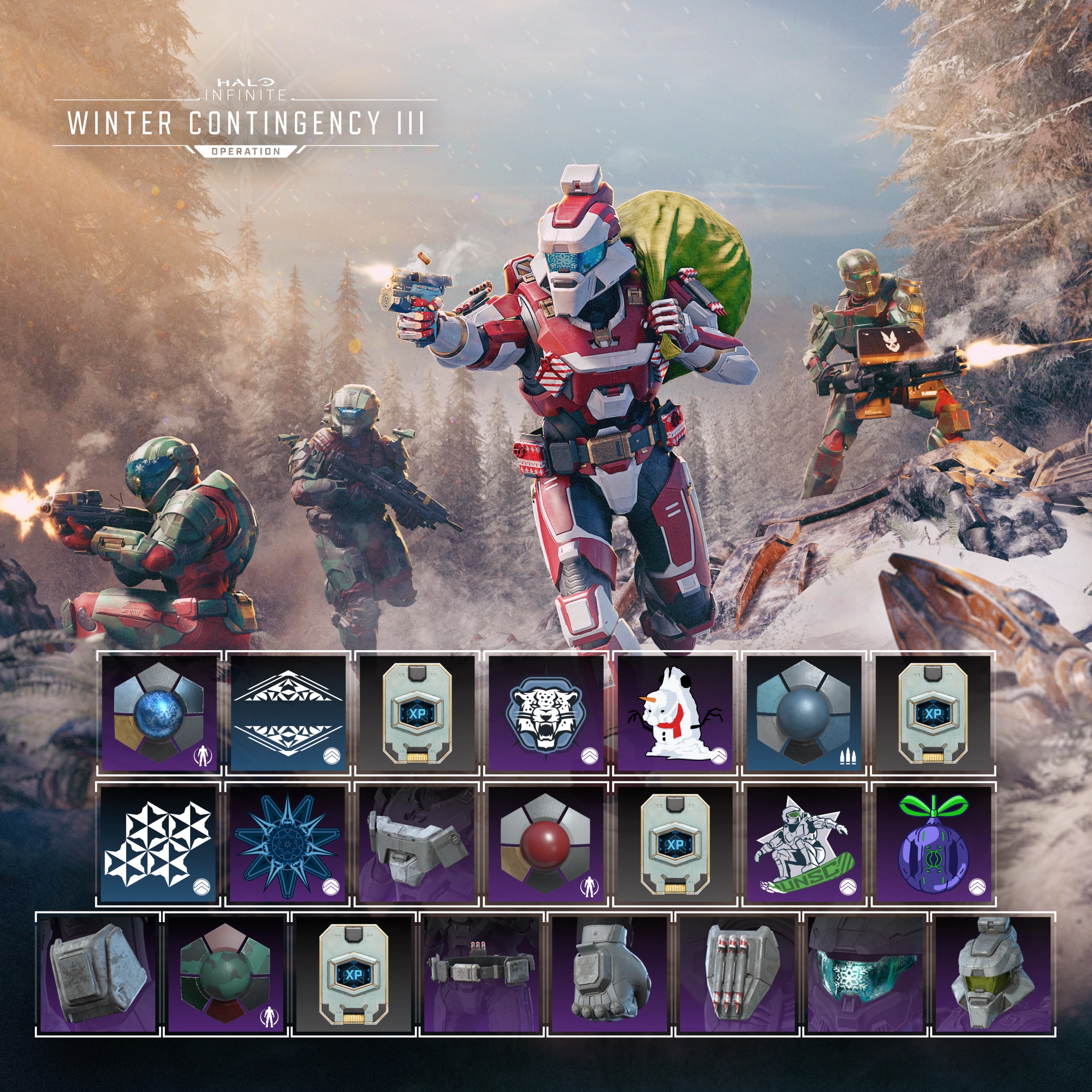 Image showing the Winter Contingency III key art along with the free reward track featuring 22 items