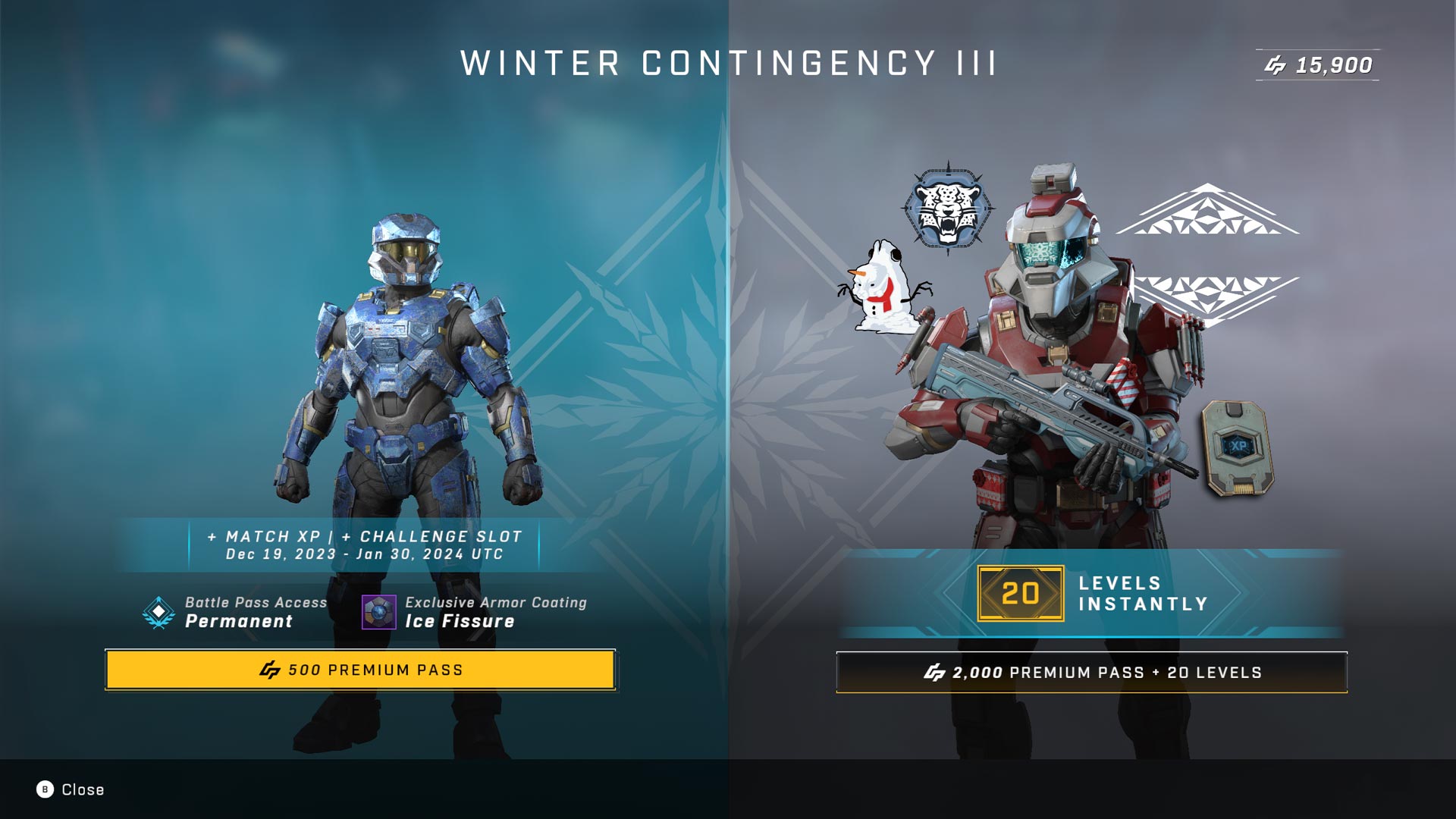 Halo Infinite image of the switcher showing the 500 credit premium pass (featuring the exclusive Ice Fissure armor coating and the 2000 credit premium pass