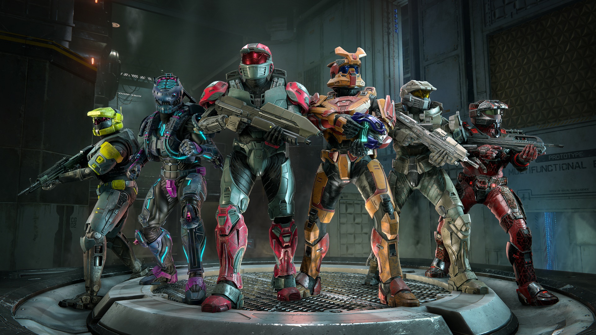 Halo infinite image showing six Spartans clad in new customization items from CU29