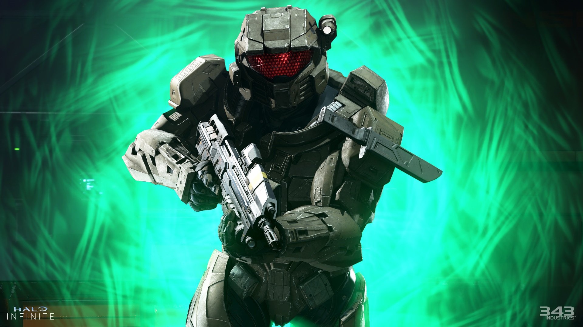 Halo Infinite screenshot of a Spartan man in Mark IV armor holding an assault rifle with an Evolved MA5 weapon model