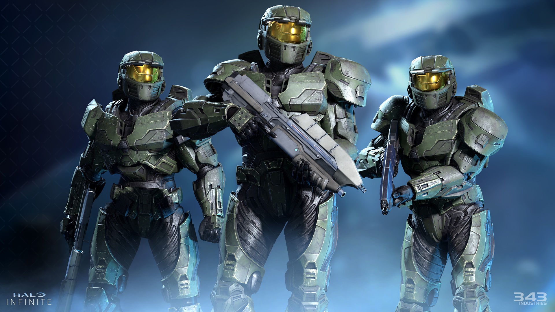 Halo Infinite image of three Spartans clad in Mark IV armor with the Evolved MA5 Assault Rifle weapon model