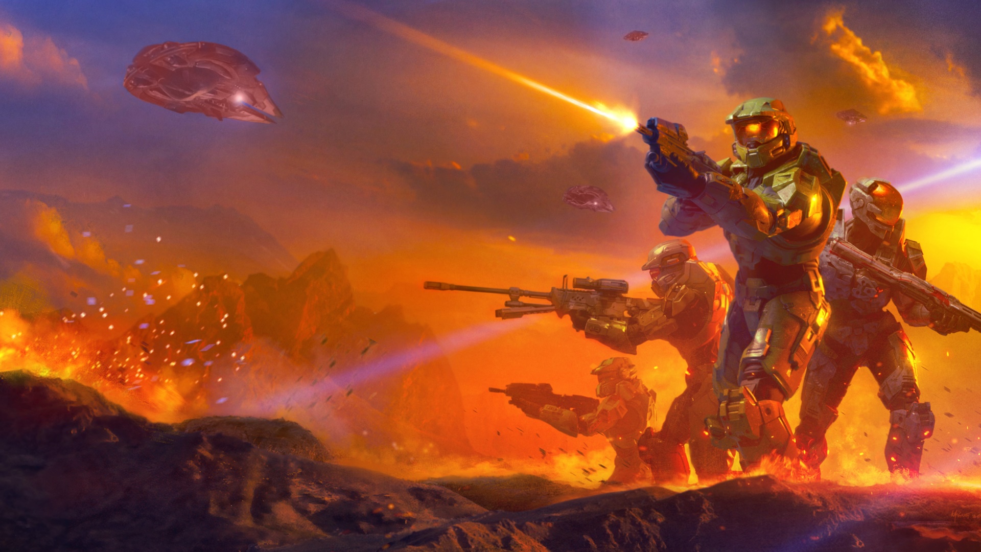 Cover art crop of Halo: Shadows of Reach depicting the Master Chief and Blue Team on the glassed surface of Reach illustrated by Chris McGrath