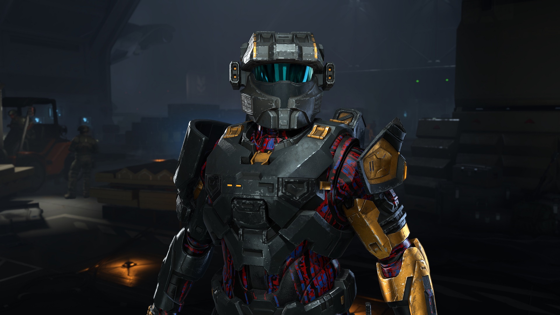 Halo Infinite screenshot of a Spartan with multi-use shoulder pads and the helmet of Kai-125